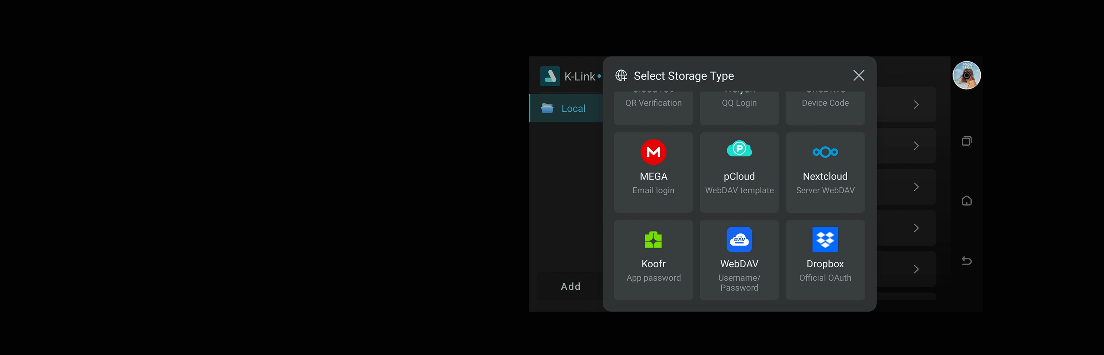 Kaiboer app K-Link and WebDAV cloud storage screen