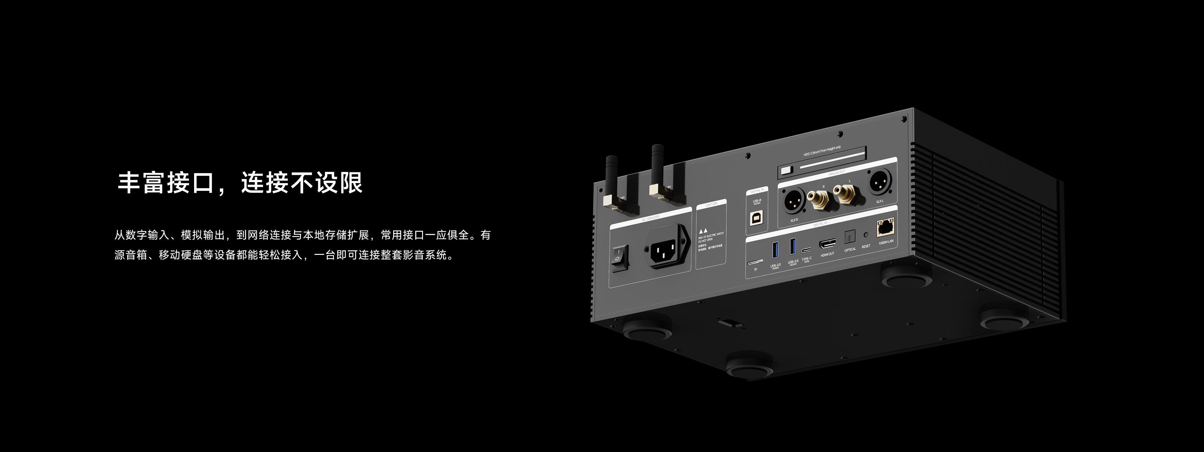 DMP-K8 PRO extensive rear connectivity panel