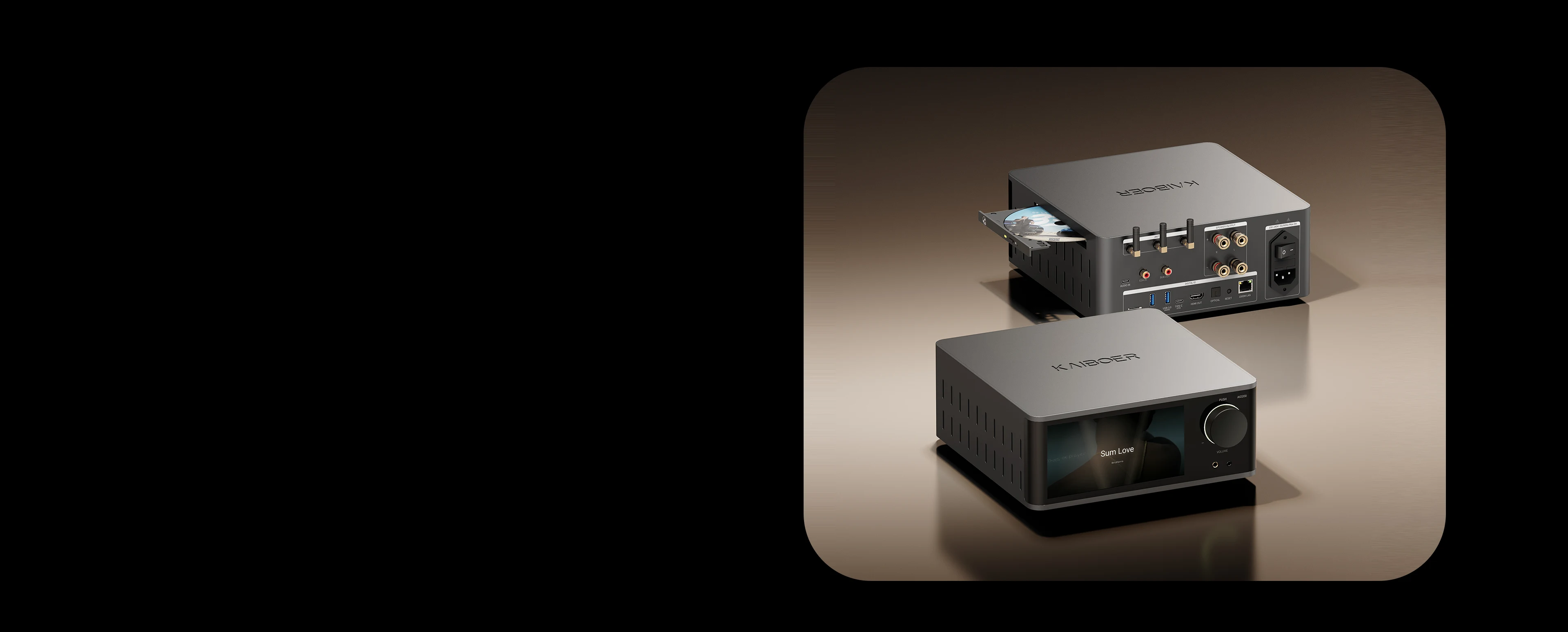 Kaiboer AIO200 front and rear views showing its all-in-one Hi-Fi design