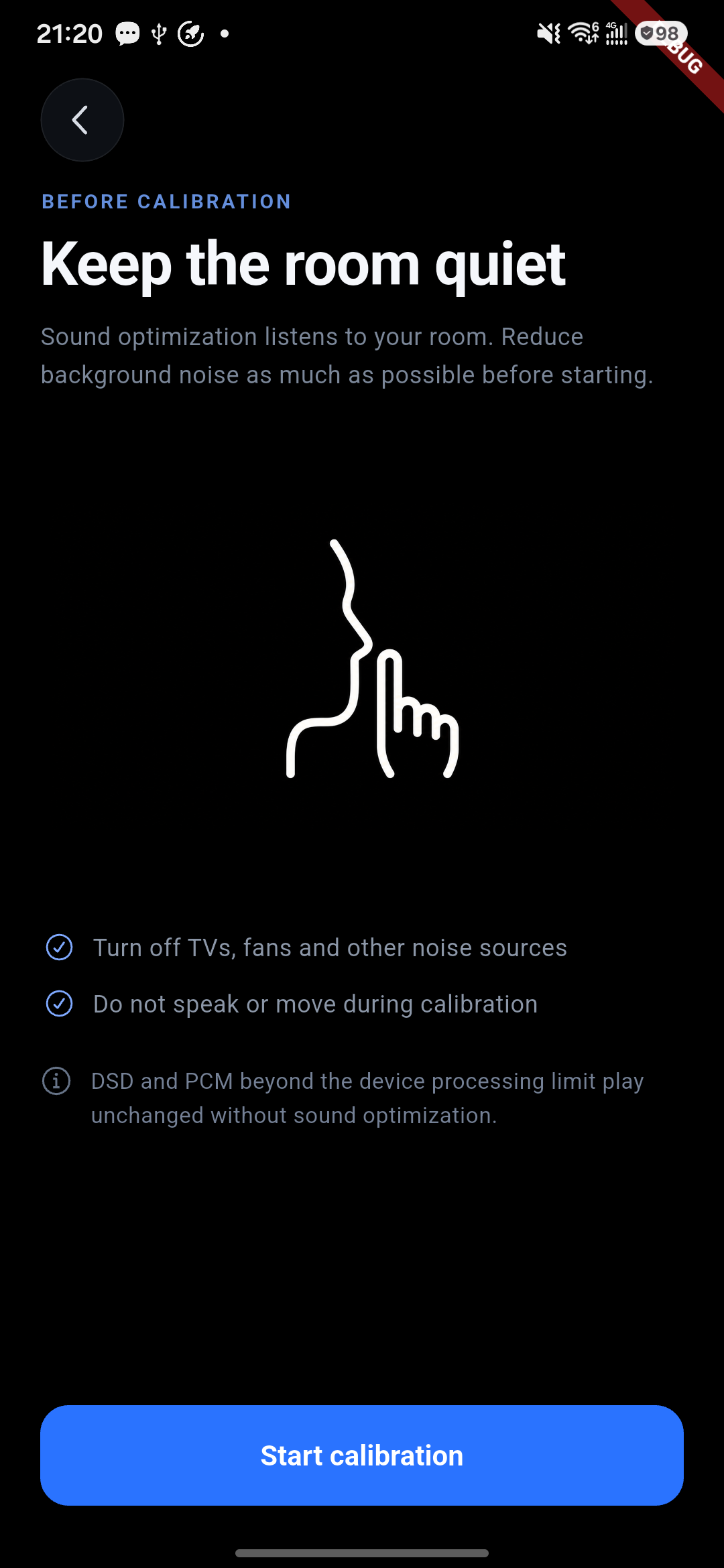 Mobile room calibration preparation screen
