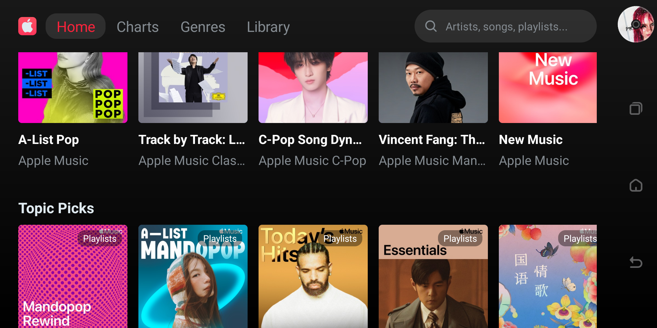 Apple Music Home page showing featured playlists and Topic Picks.