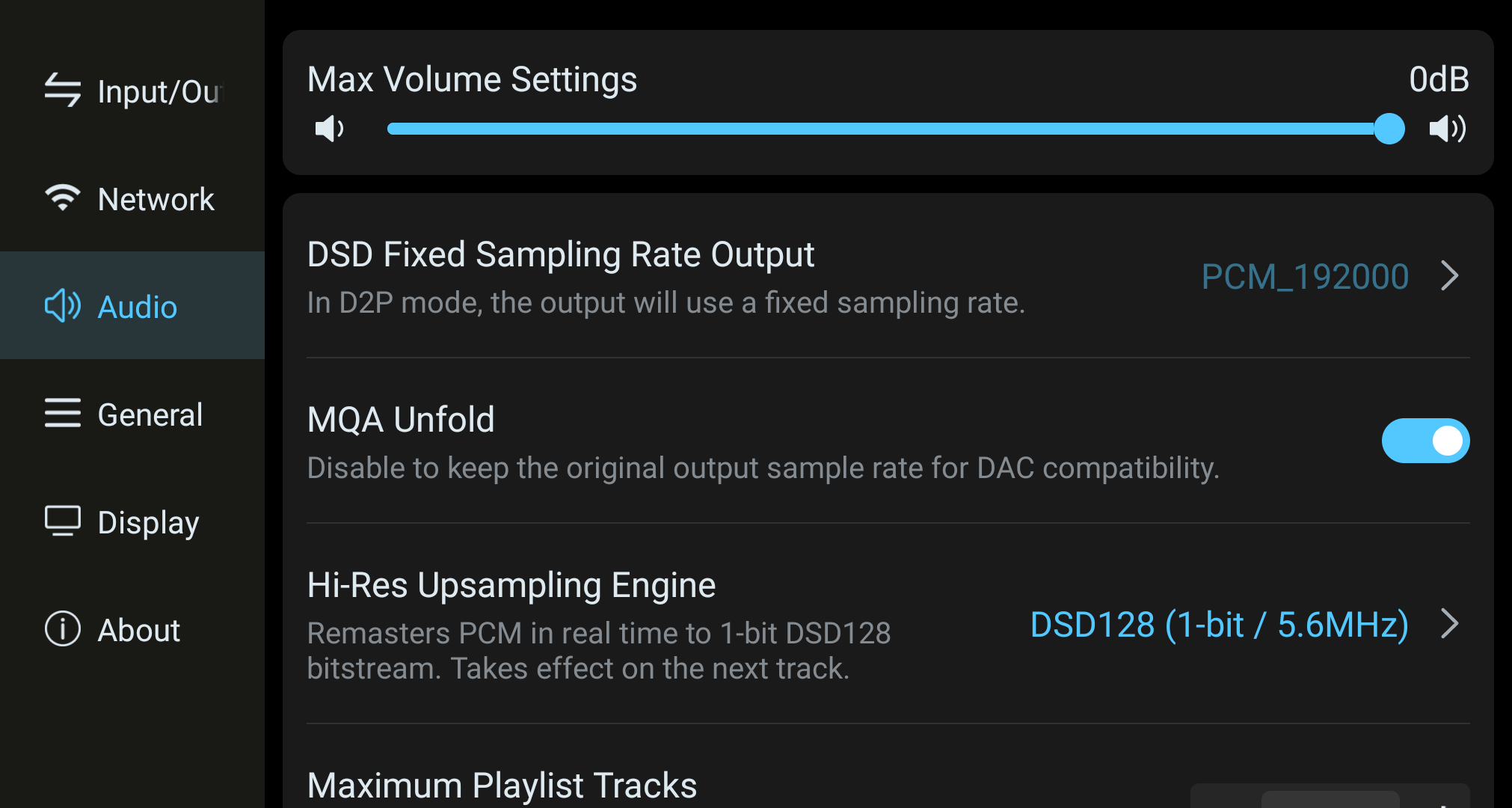 Audio settings showing the Hi-Res Upsampling Engine entry.