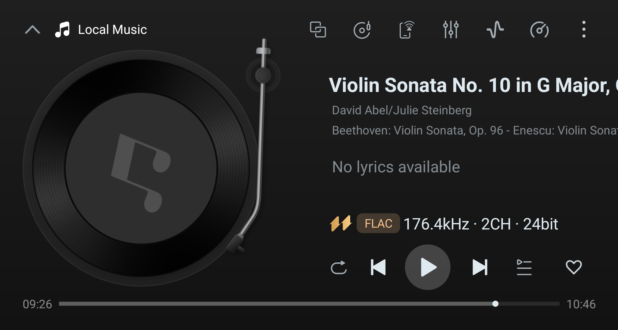 Music Player playback screen with transport controls and player actions.