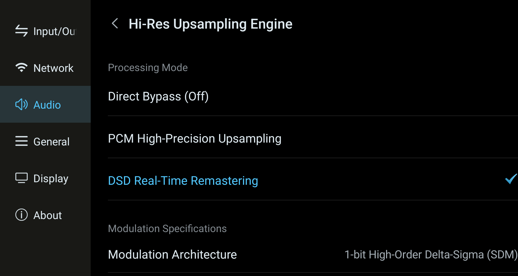 Hi-Res Upsampling Engine screen with available processing modes.