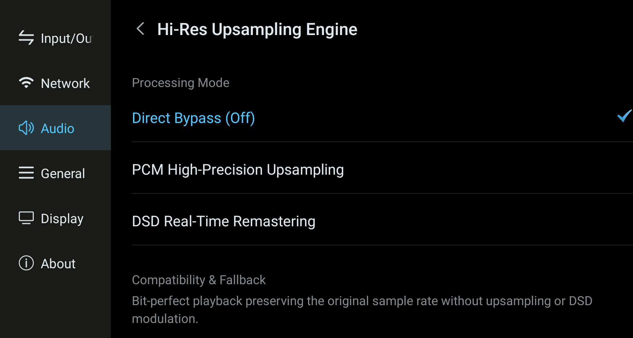 Direct Bypass selected in the Hi-Res Upsampling Engine.