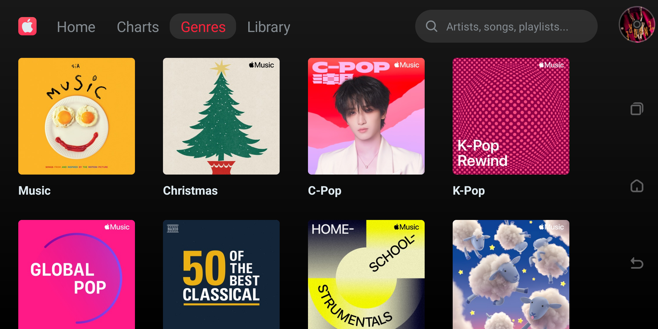 Apple Music Genres page showing music categories.
