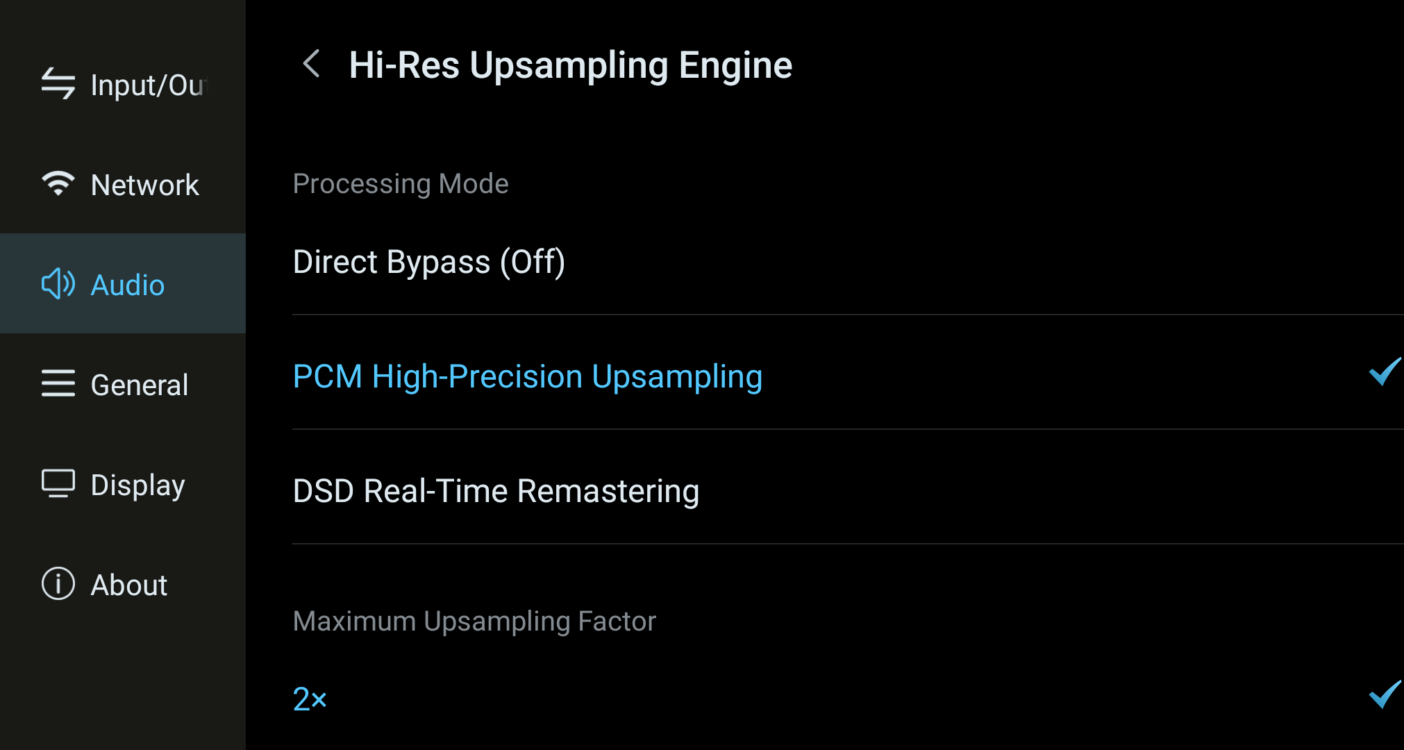 PCM High-Precision Upsampling selected in the processing-mode list.