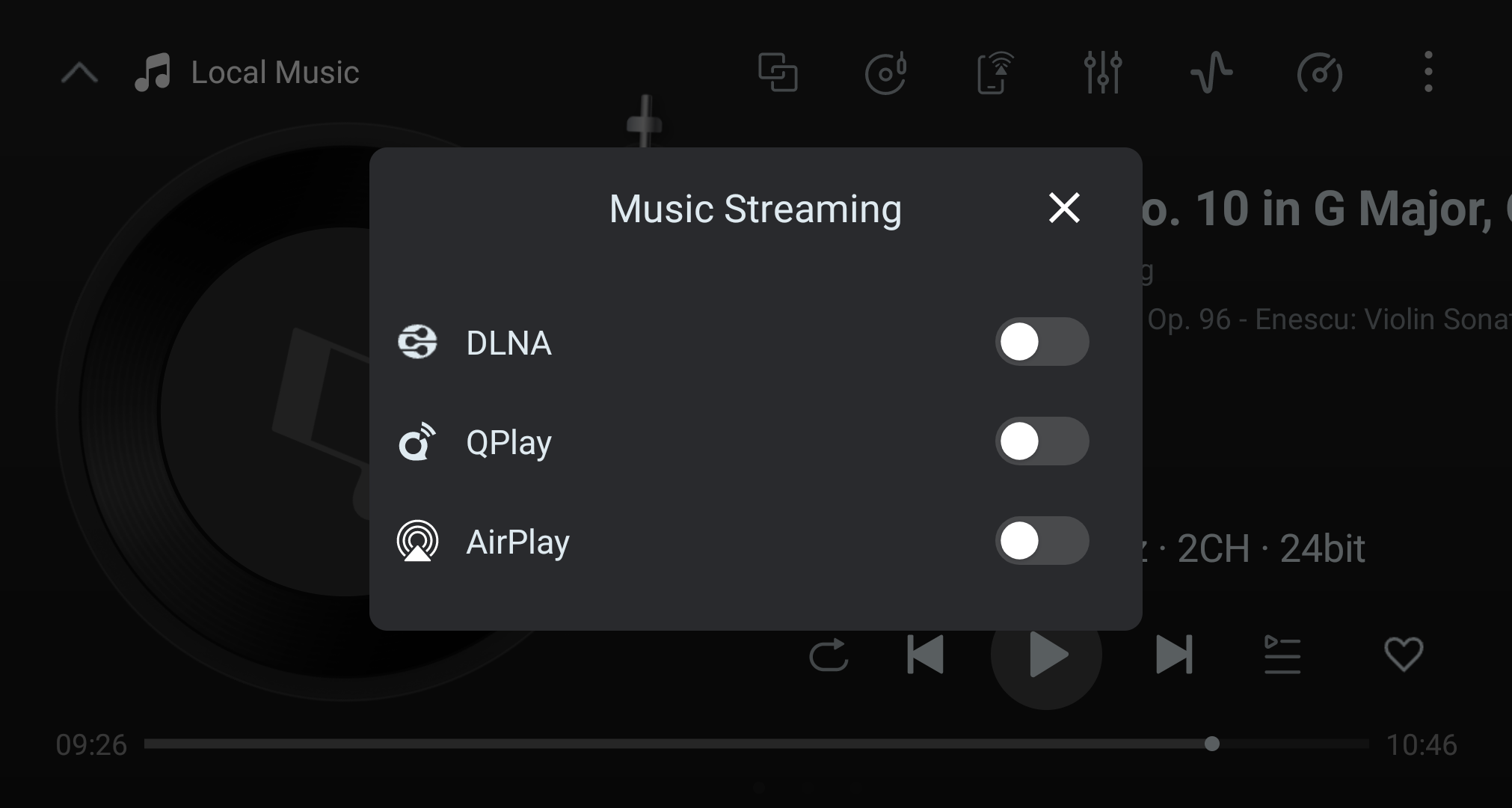 Music Streaming settings for DLNA, QPlay, and AirPlay.