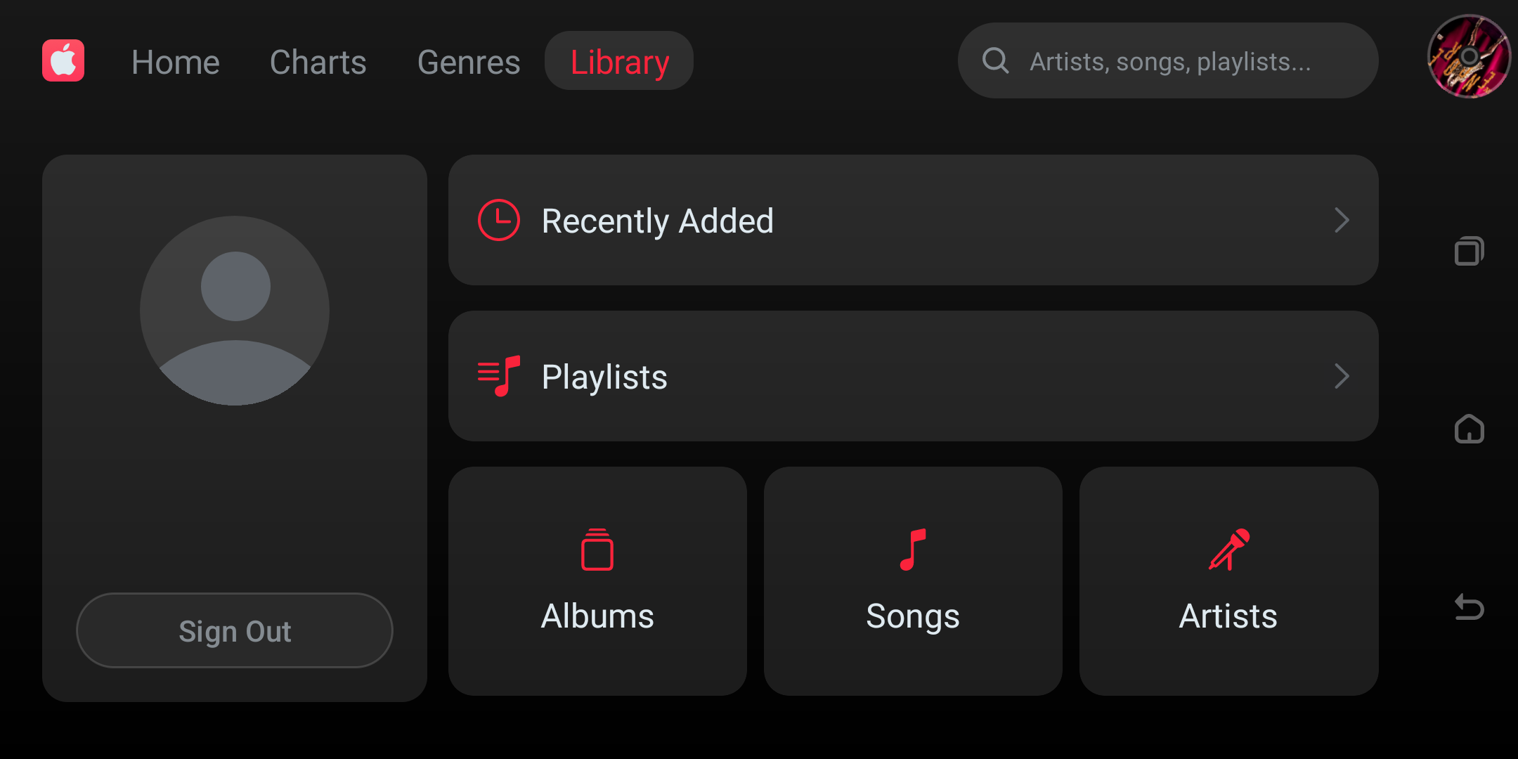 Apple Music Library page showing Recently Added, Playlists, Albums, Songs, and Artists.