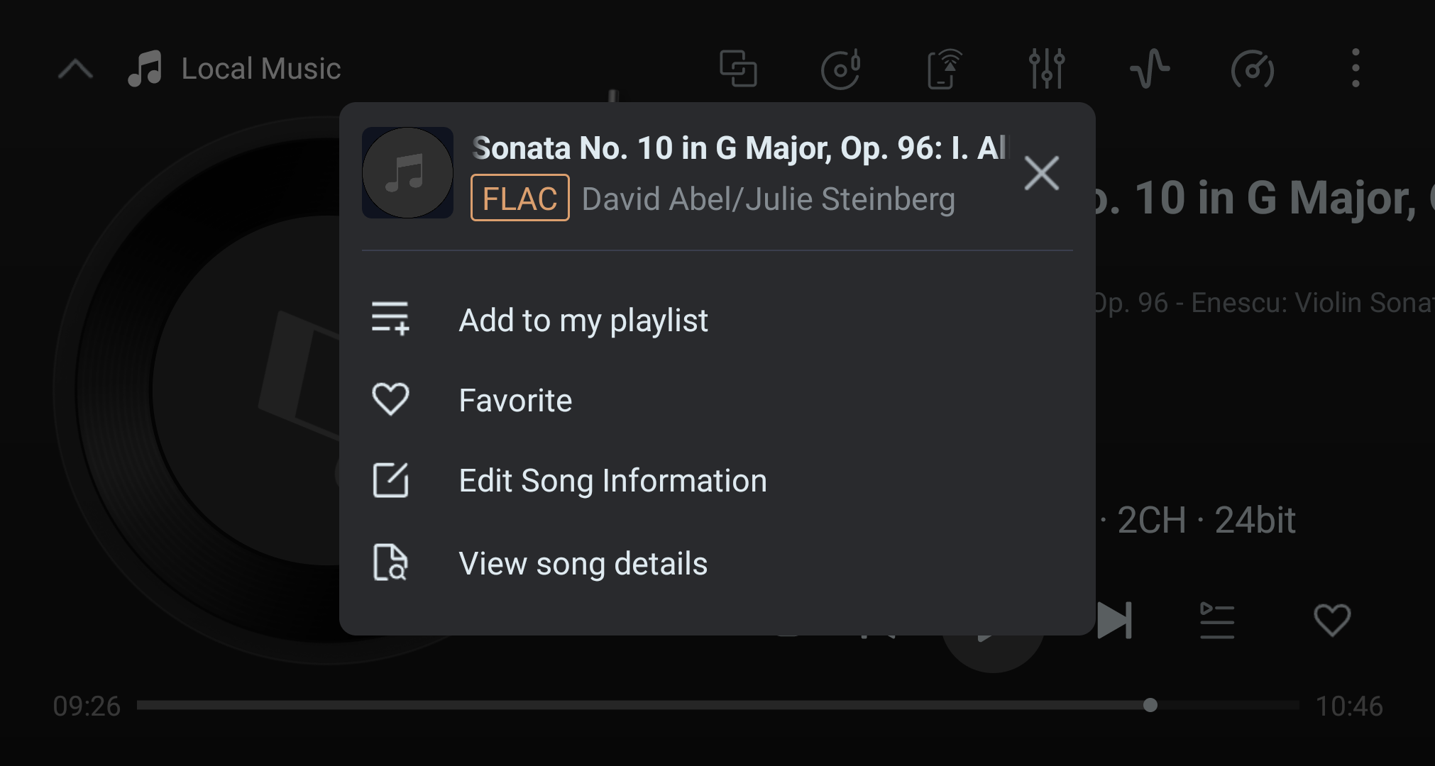 Player overflow menu with playlist, favorite, metadata, and detail actions.