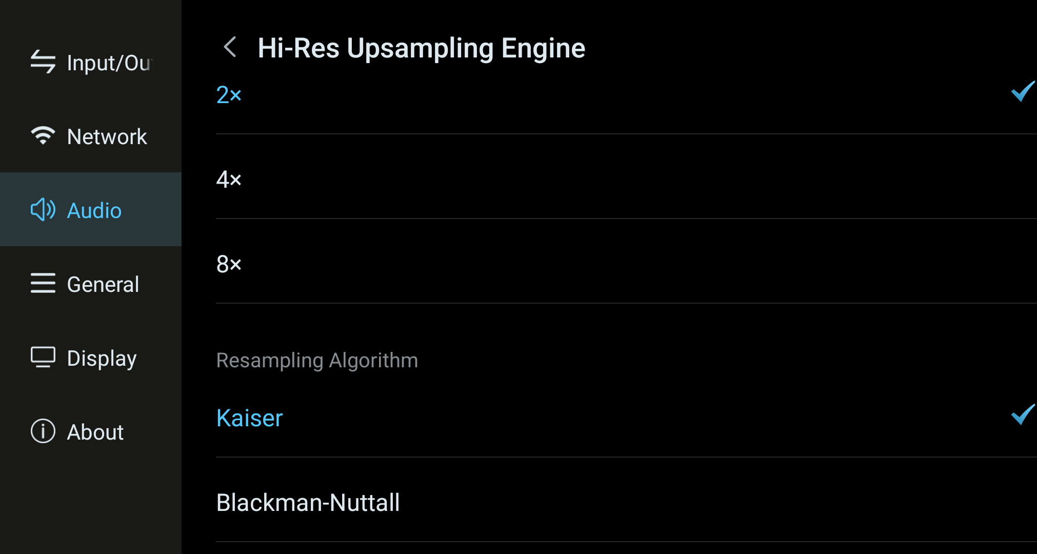 PCM upsampling settings with ratio and resampling-algorithm options.