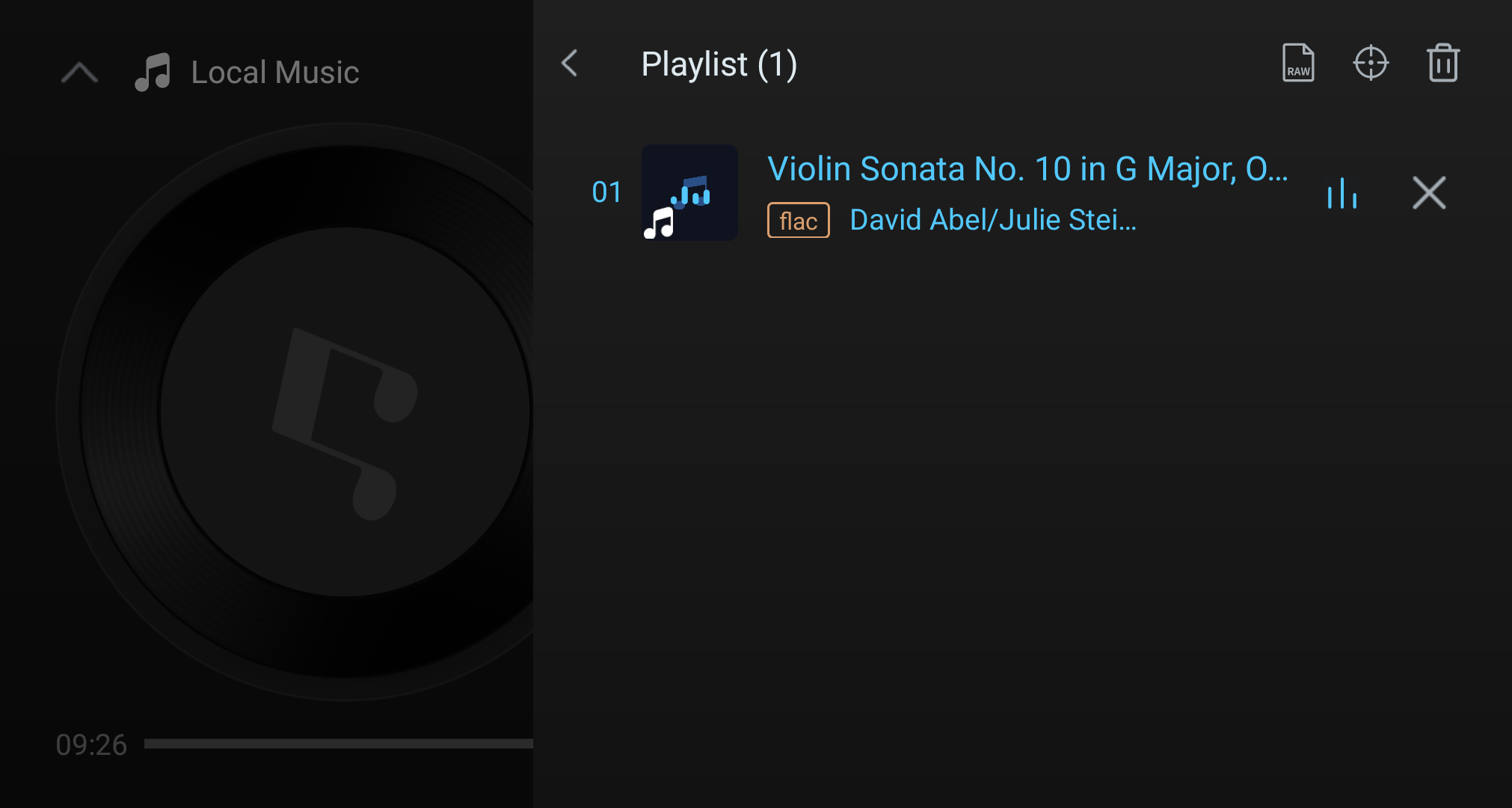 Playback queue showing the current track and queued items.