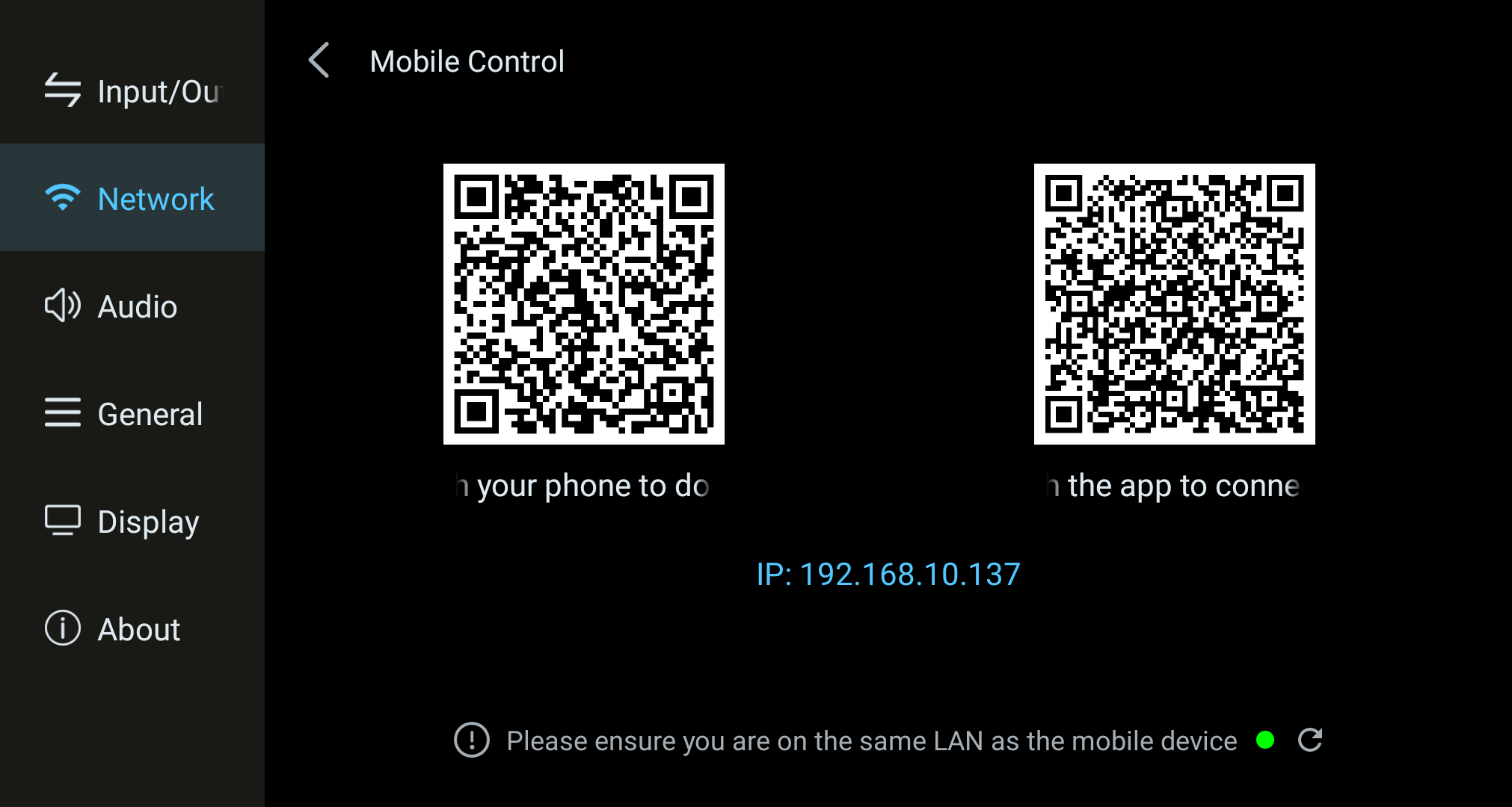 Phone Control screen with app-download and device-connection QR codes.