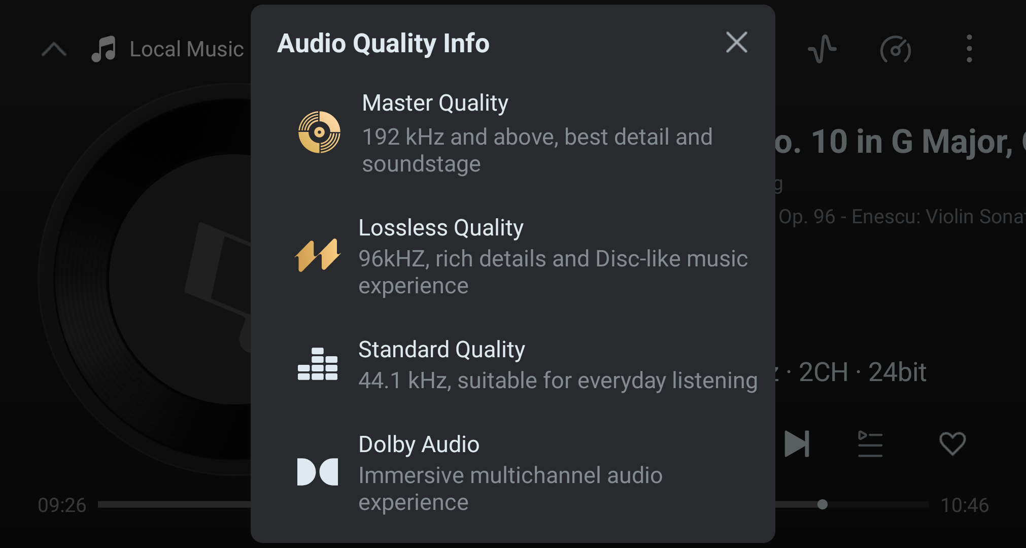 Audio Quality Info panel with available quality labels.