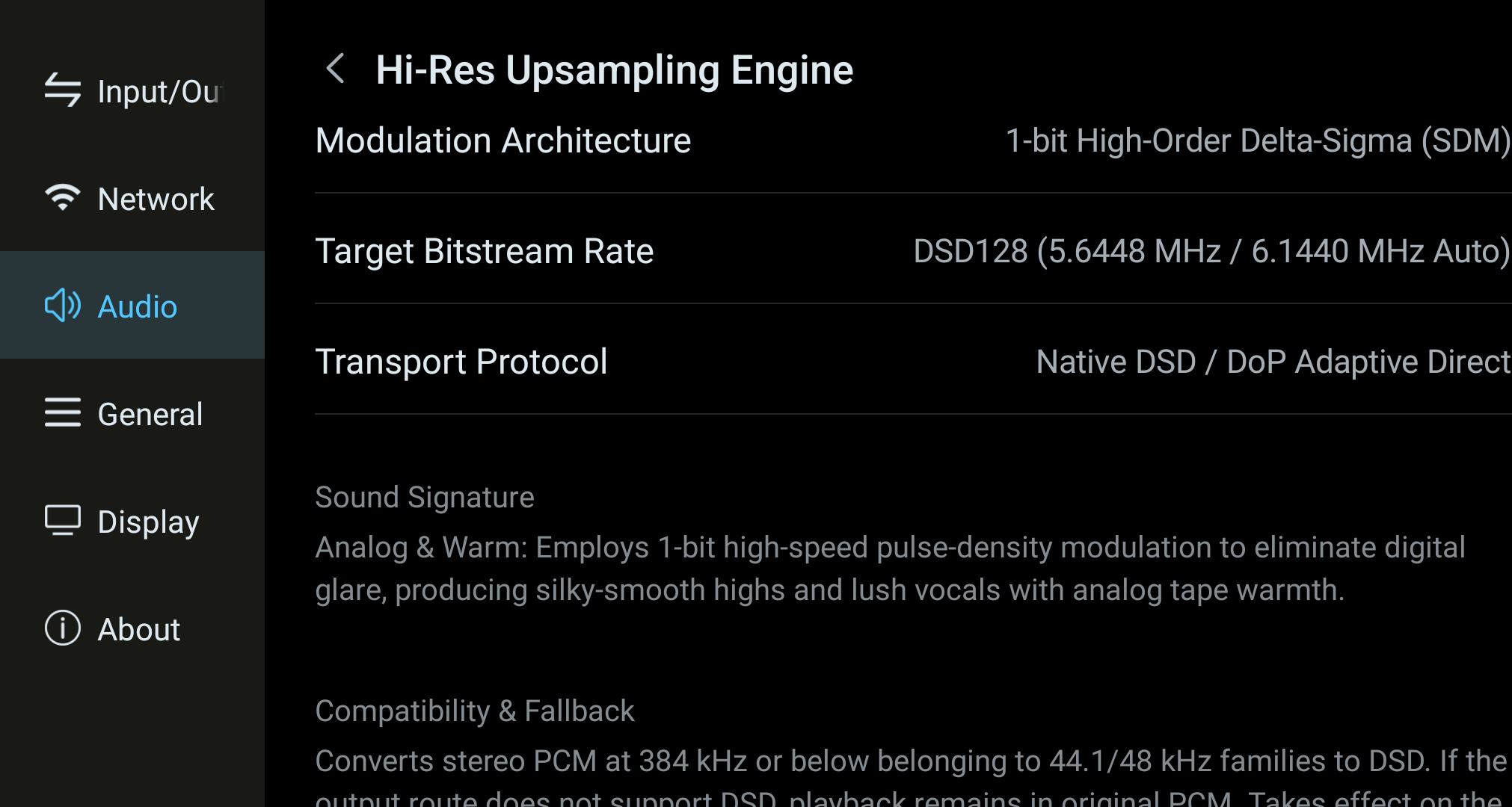 DSD Real-Time Remastering modulation and transport settings.