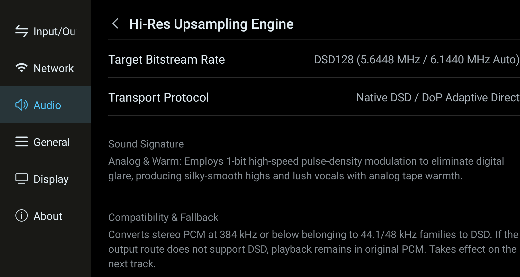 DSD Real-Time Remastering compatibility and fallback information.