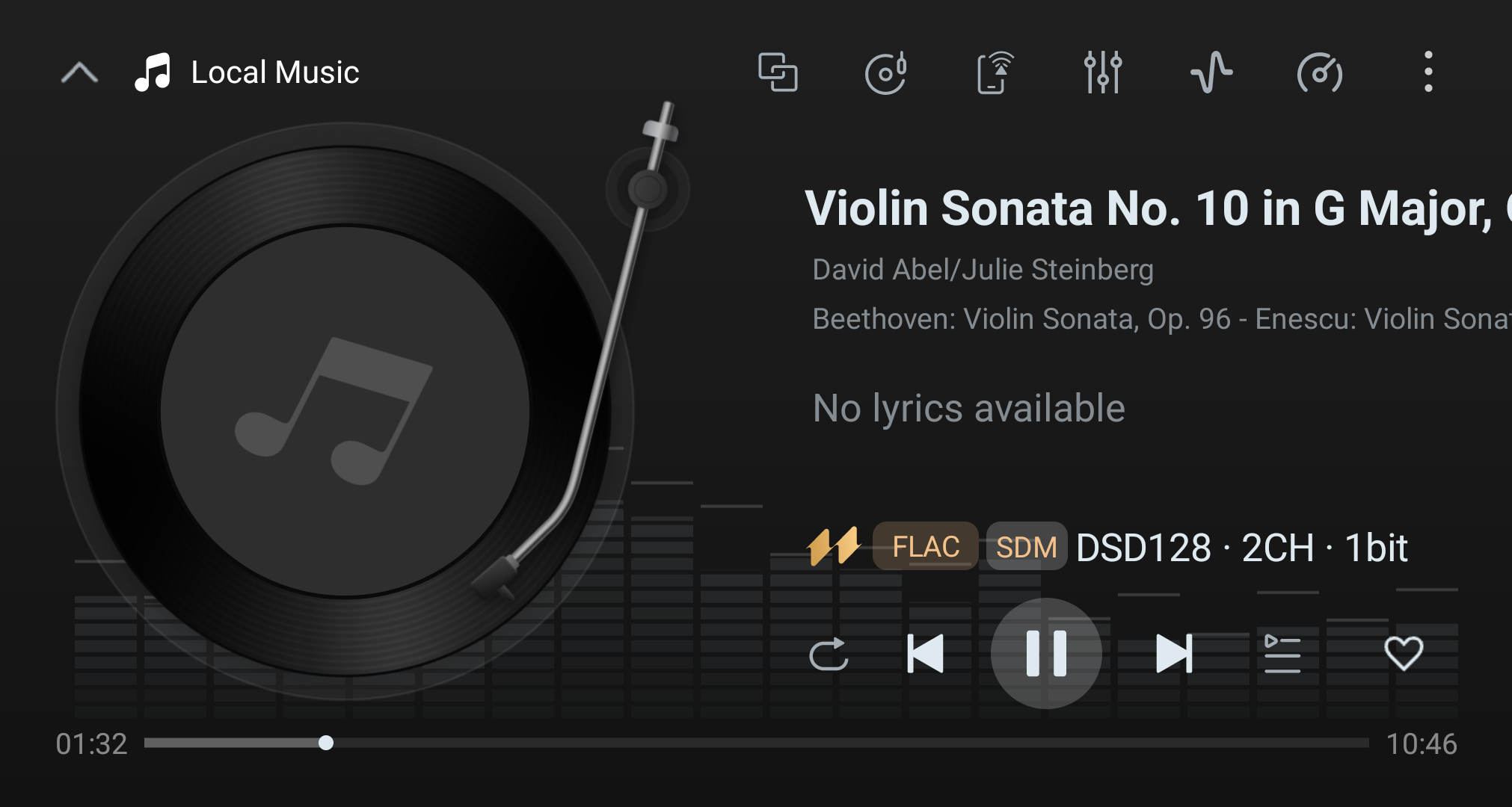 Playback screen showing the current output format and sample rate.