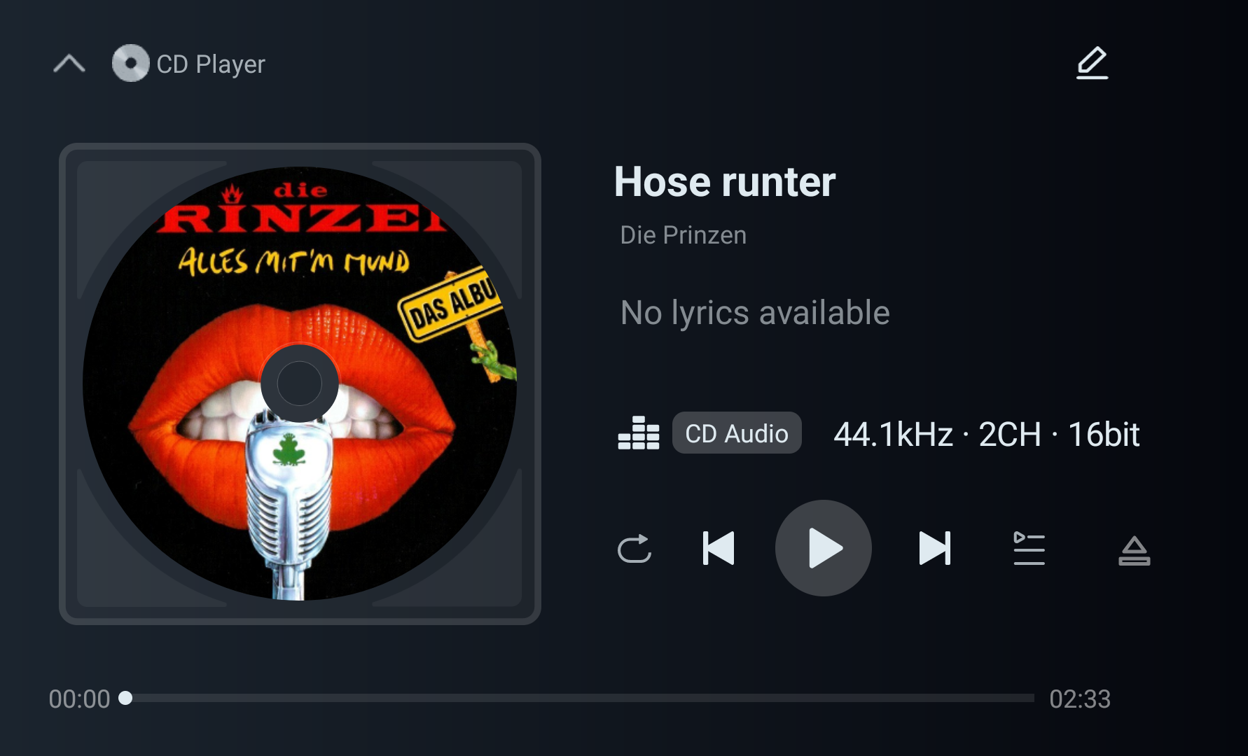 CD Player playback screen with album artwork and transport controls.
