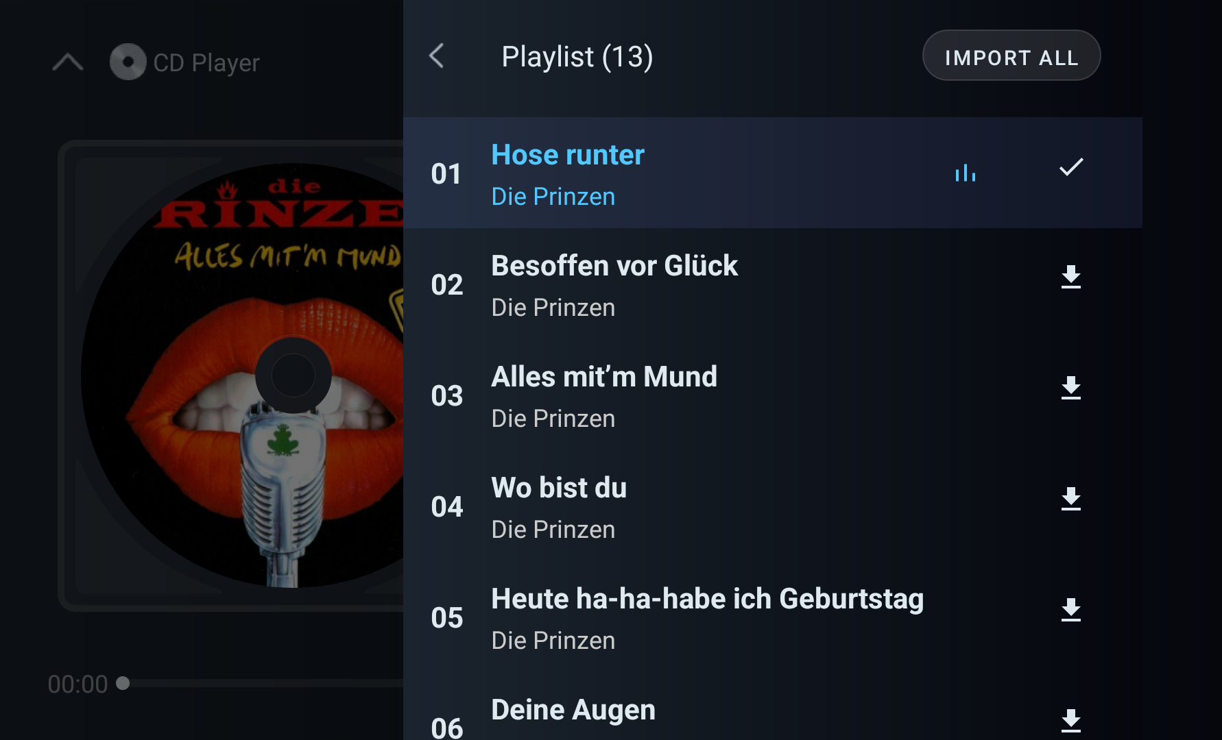 CD playlist screen with the Import All action.