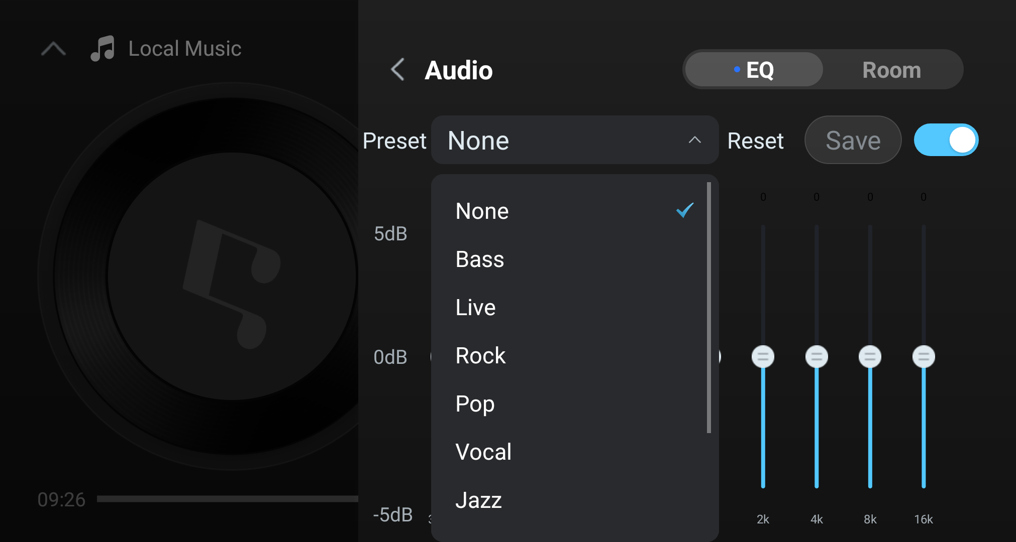 EQ preset menu with available listening presets.