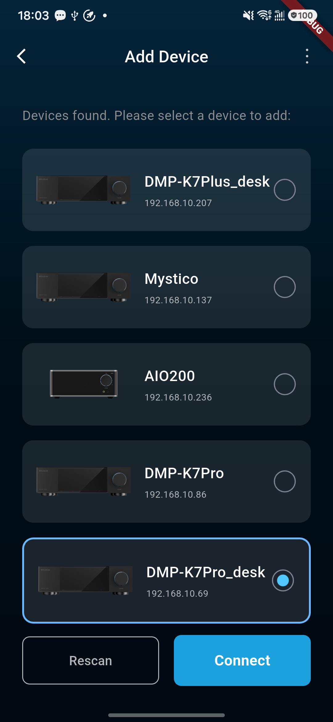 Discovered-device list for connecting a device.