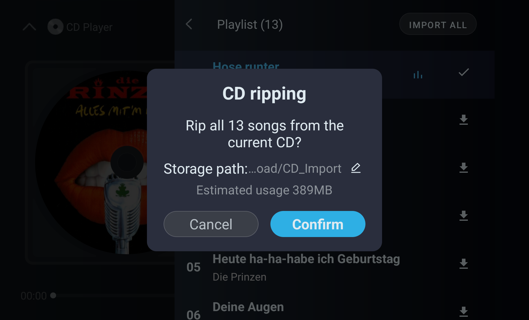 CD ripping confirmation dialog showing track count, destination, and storage estimate.