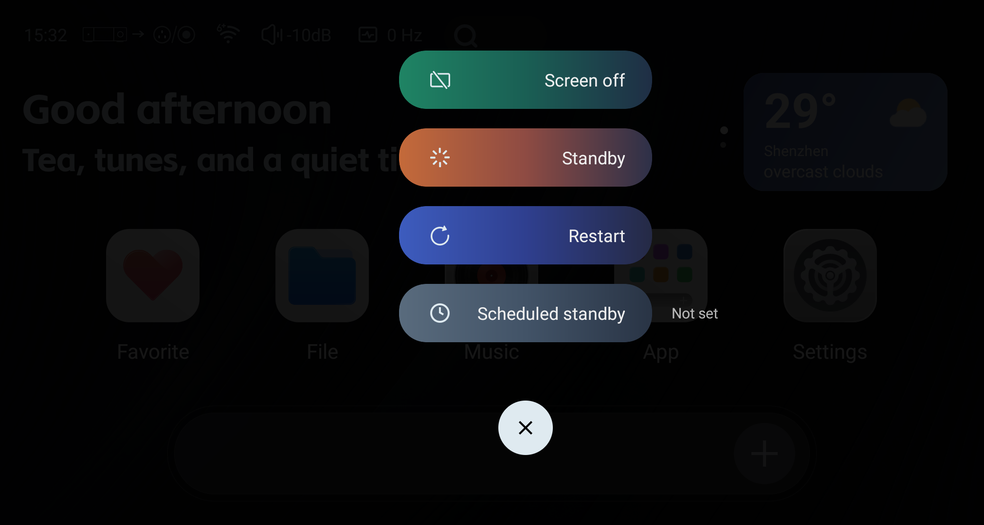 Home-screen power menu with Screen off, Standby, Restart, and Scheduled standby.