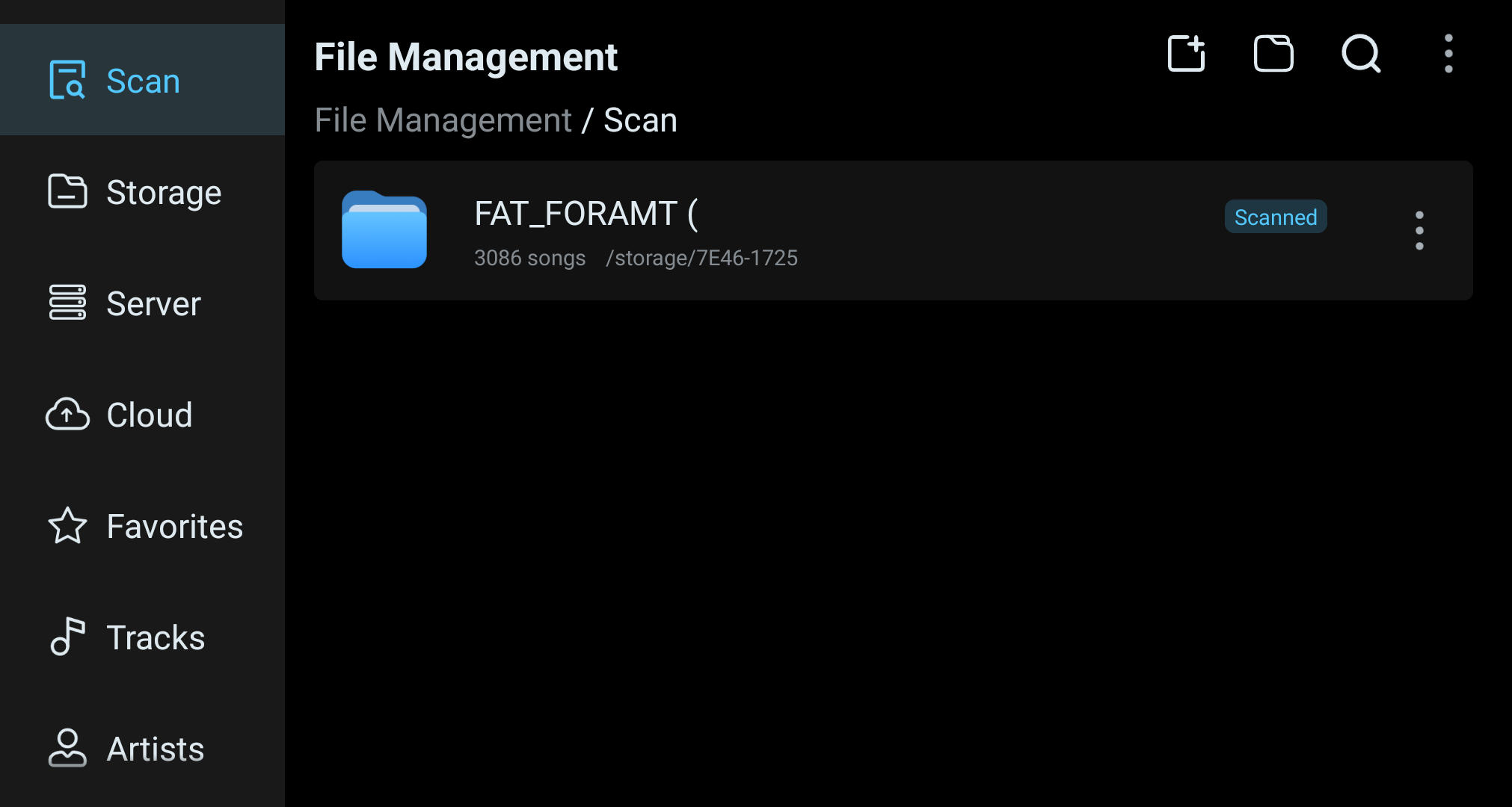 File Management Scan view showing a scanned storage source.