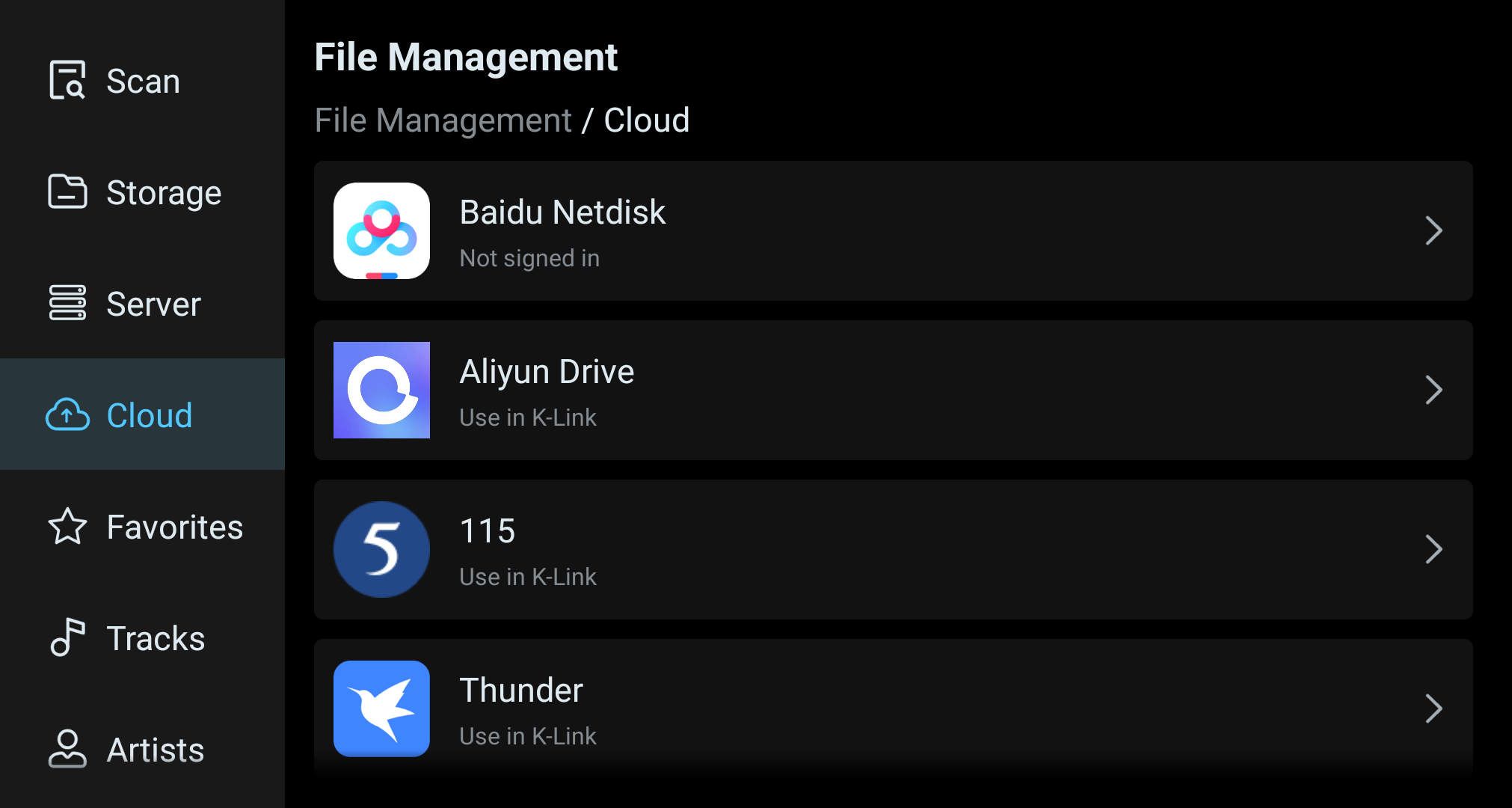 File Management Cloud view listing supported cloud-storage providers.