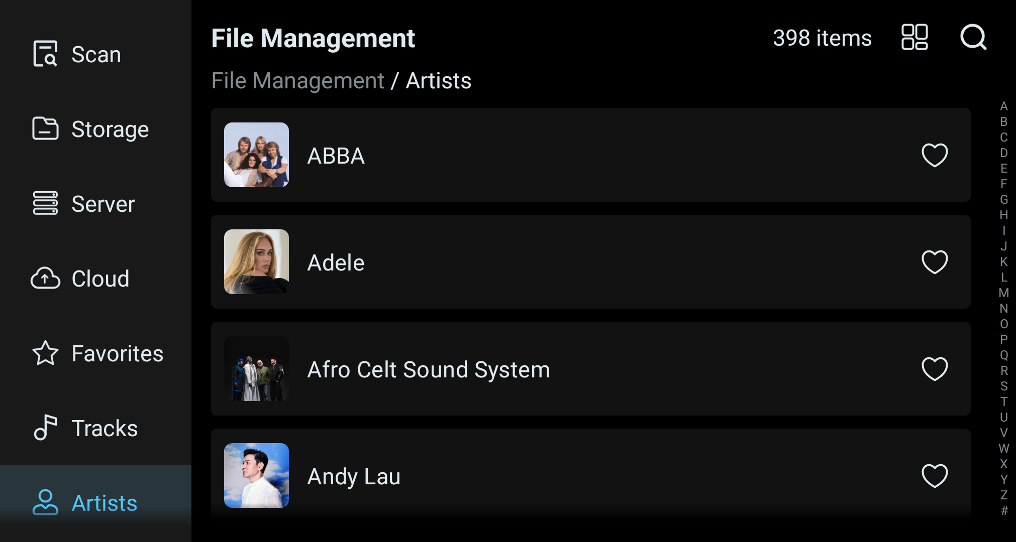 File Management Artists view with the artist list.