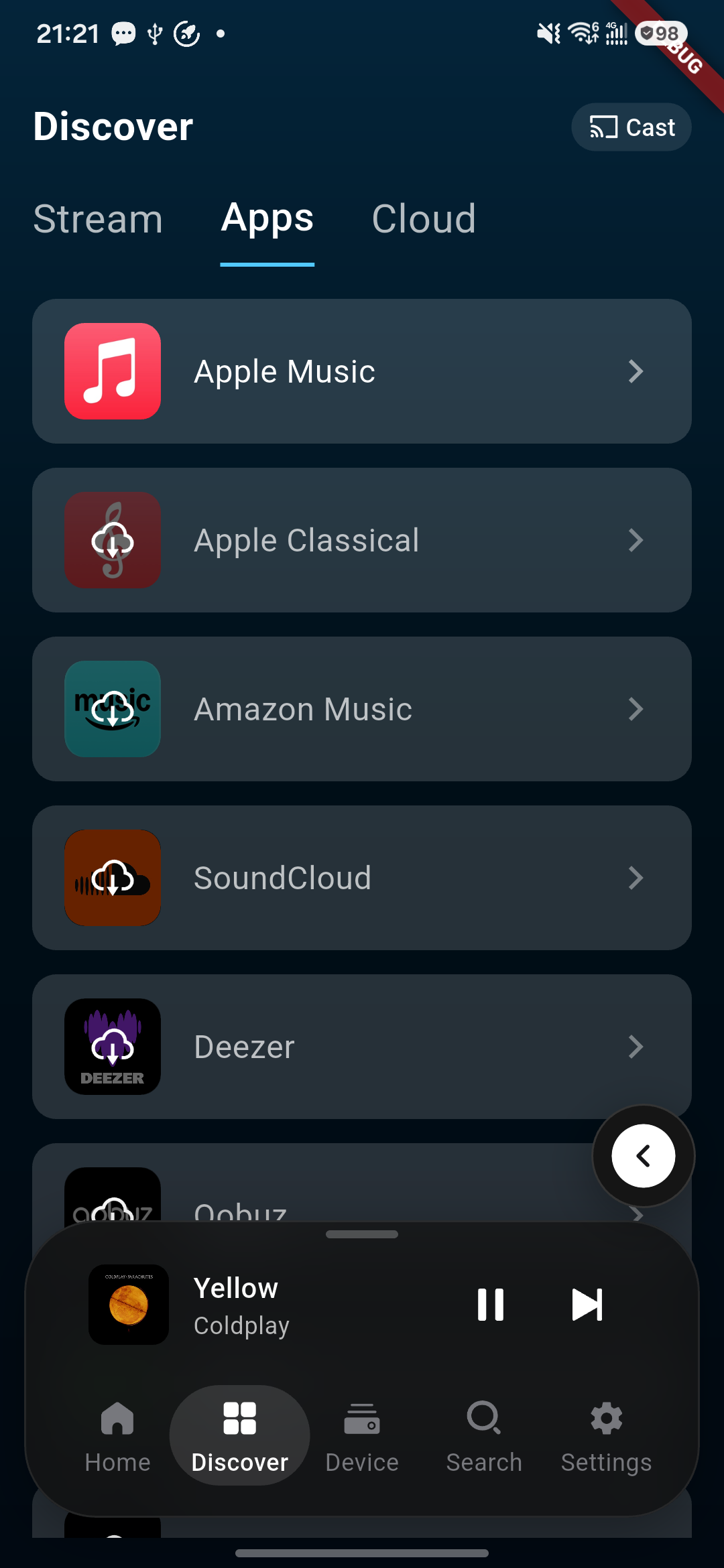 Discover — Apps: available music-service entries.