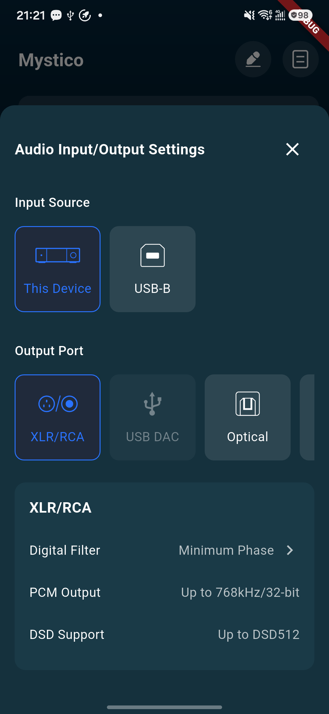 Audio Input/Output Settings: input source, output port, and supported formats.