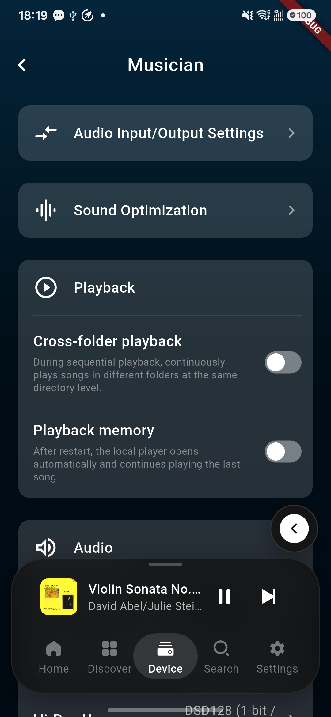 Remote device-control screen with audio settings.