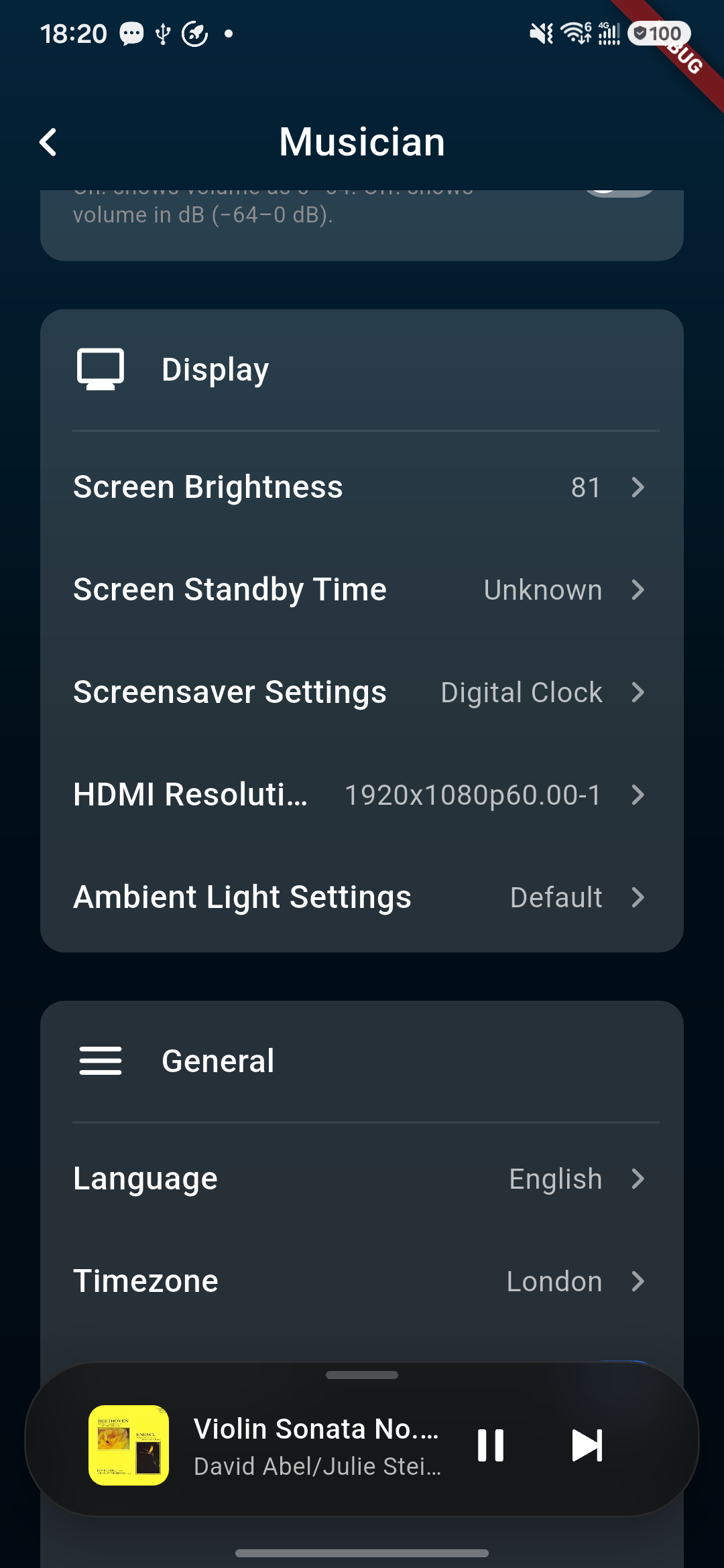 Remote device-control screen with display settings.
