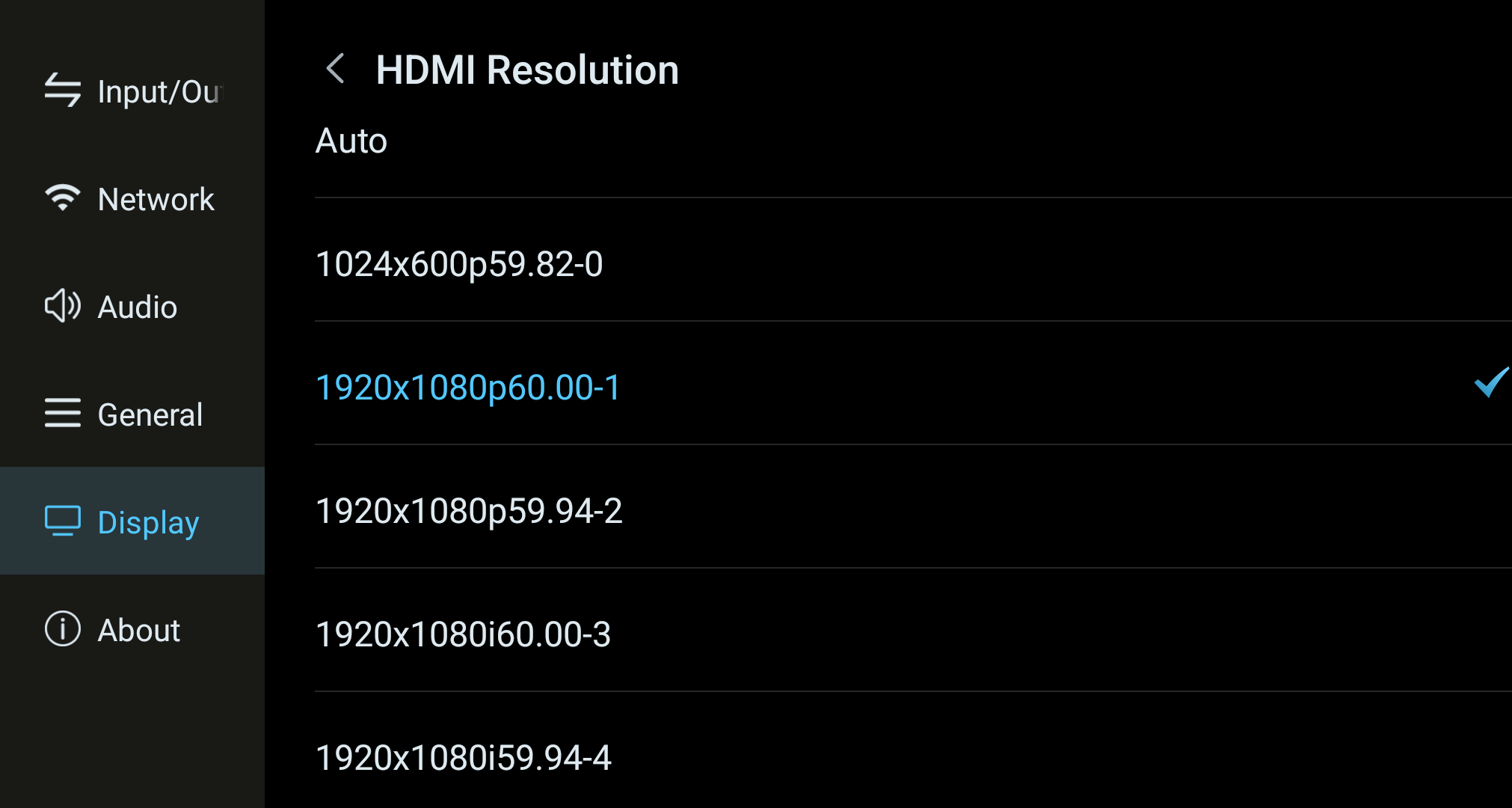HDMI resolution selection screen.