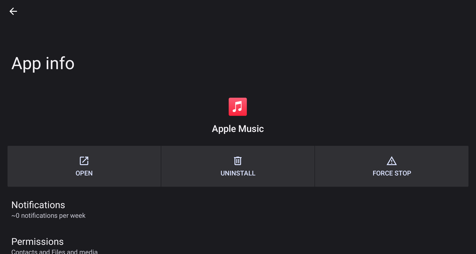 Apple Music App info screen with open, uninstall, and force-stop controls.