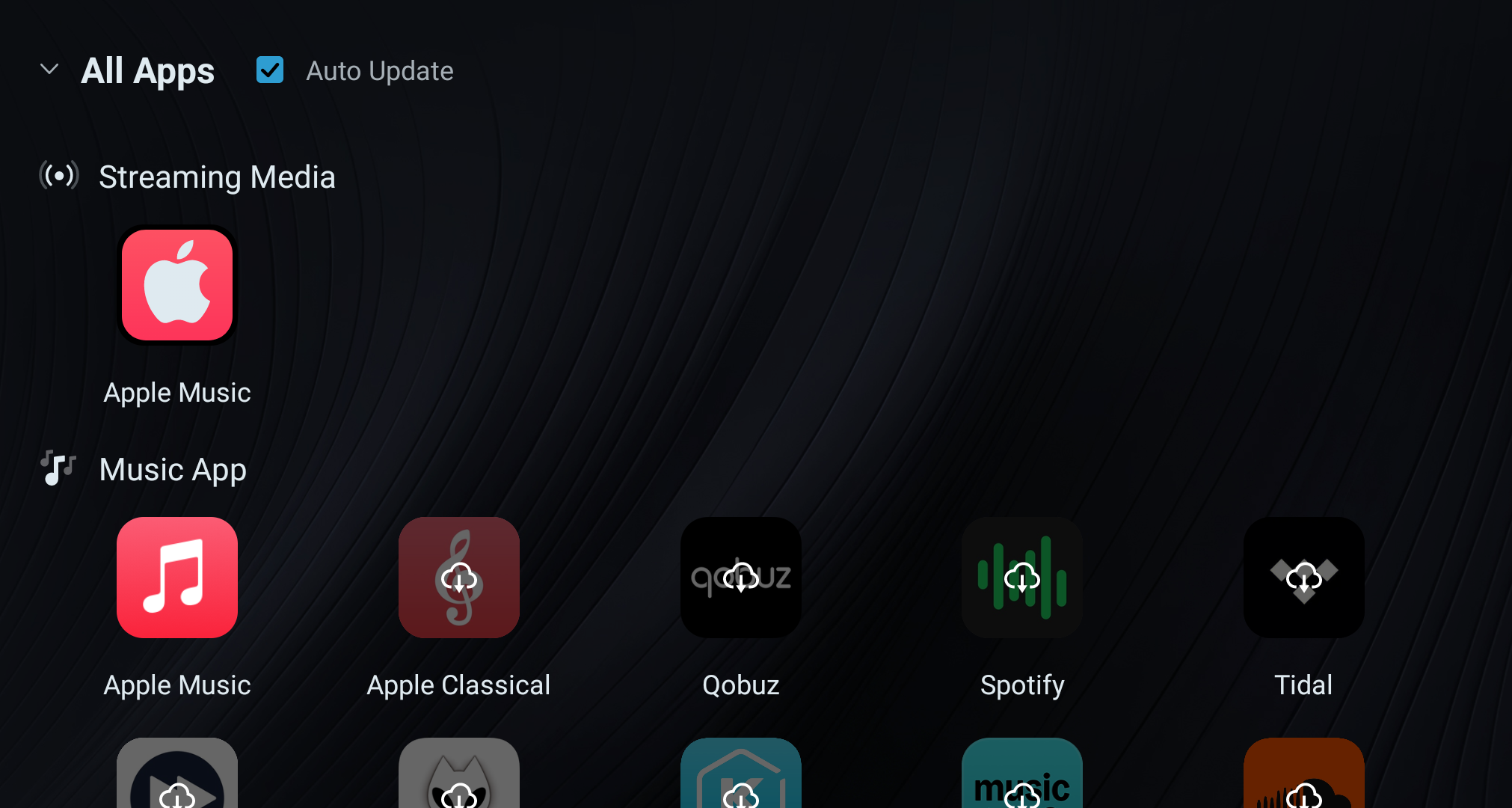 All Apps screen showing installed streaming and system apps.
