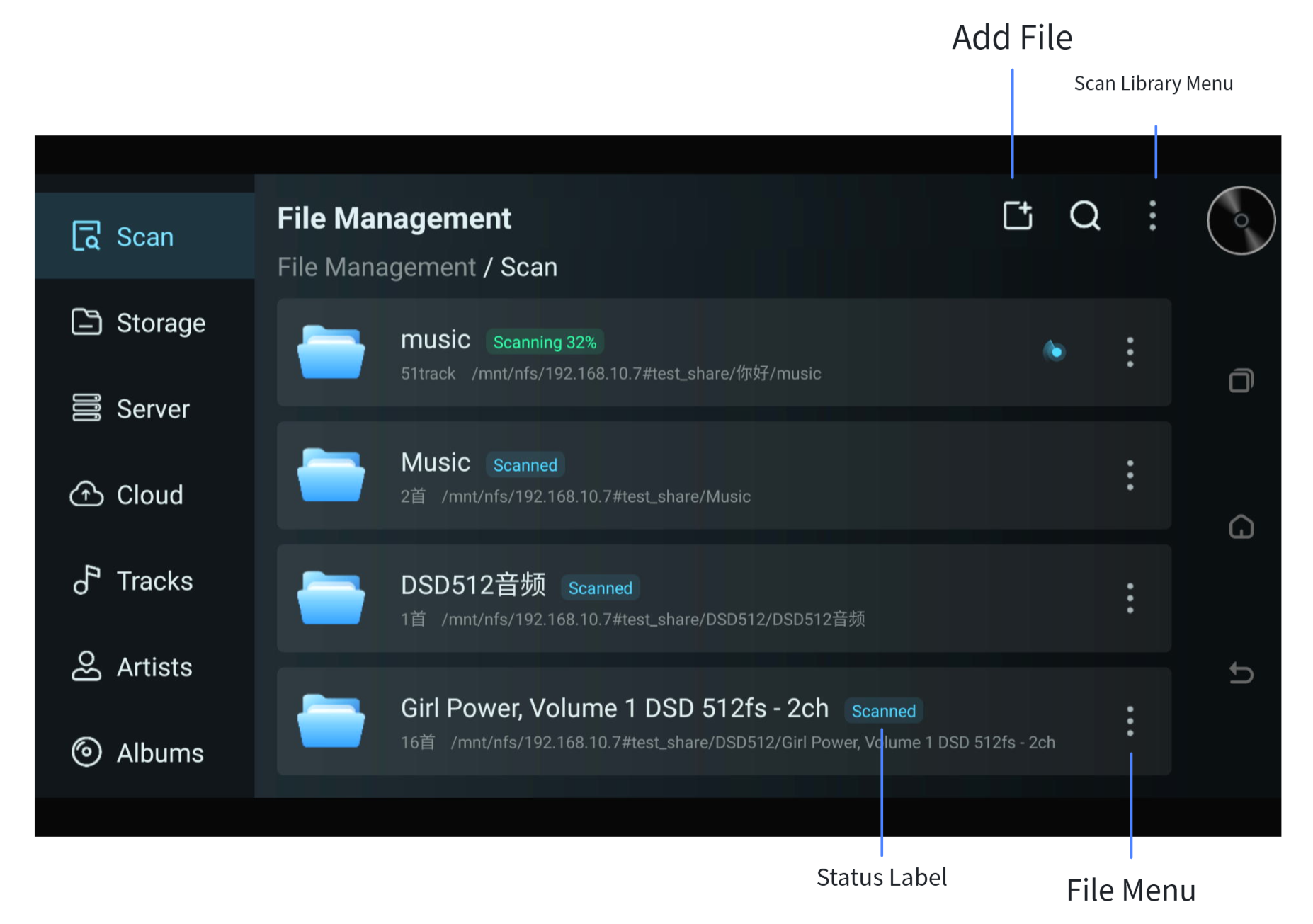 Scan Library screen with file-management controls.