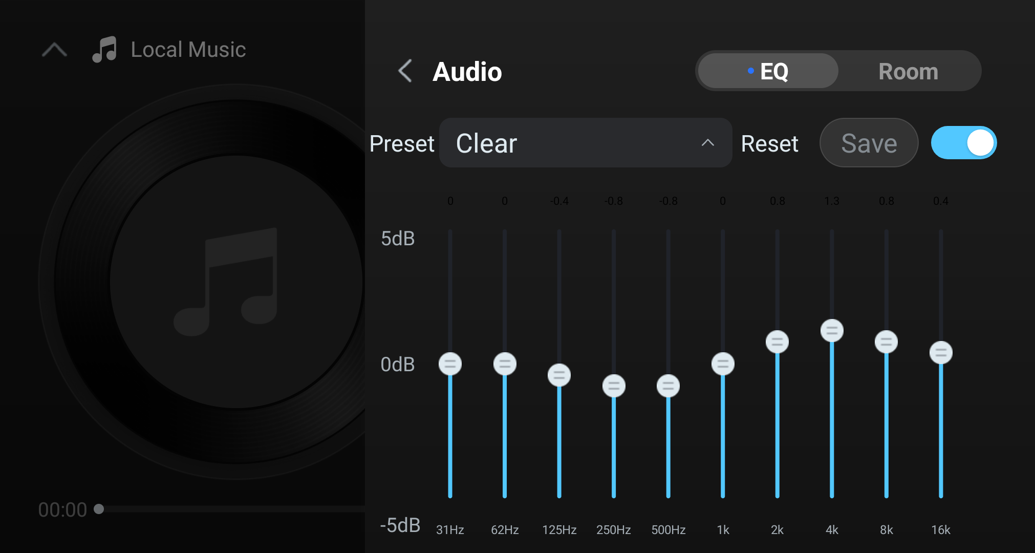 EQ editor with the Clear preset selected.