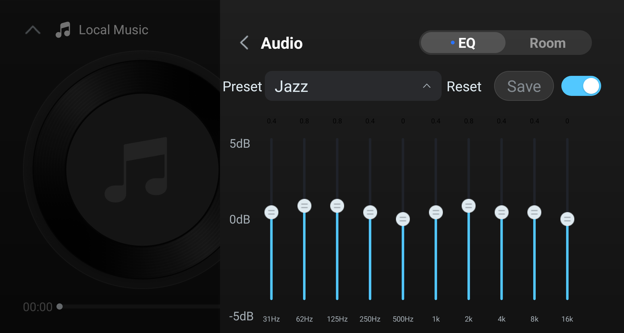 EQ editor with the Jazz preset selected.