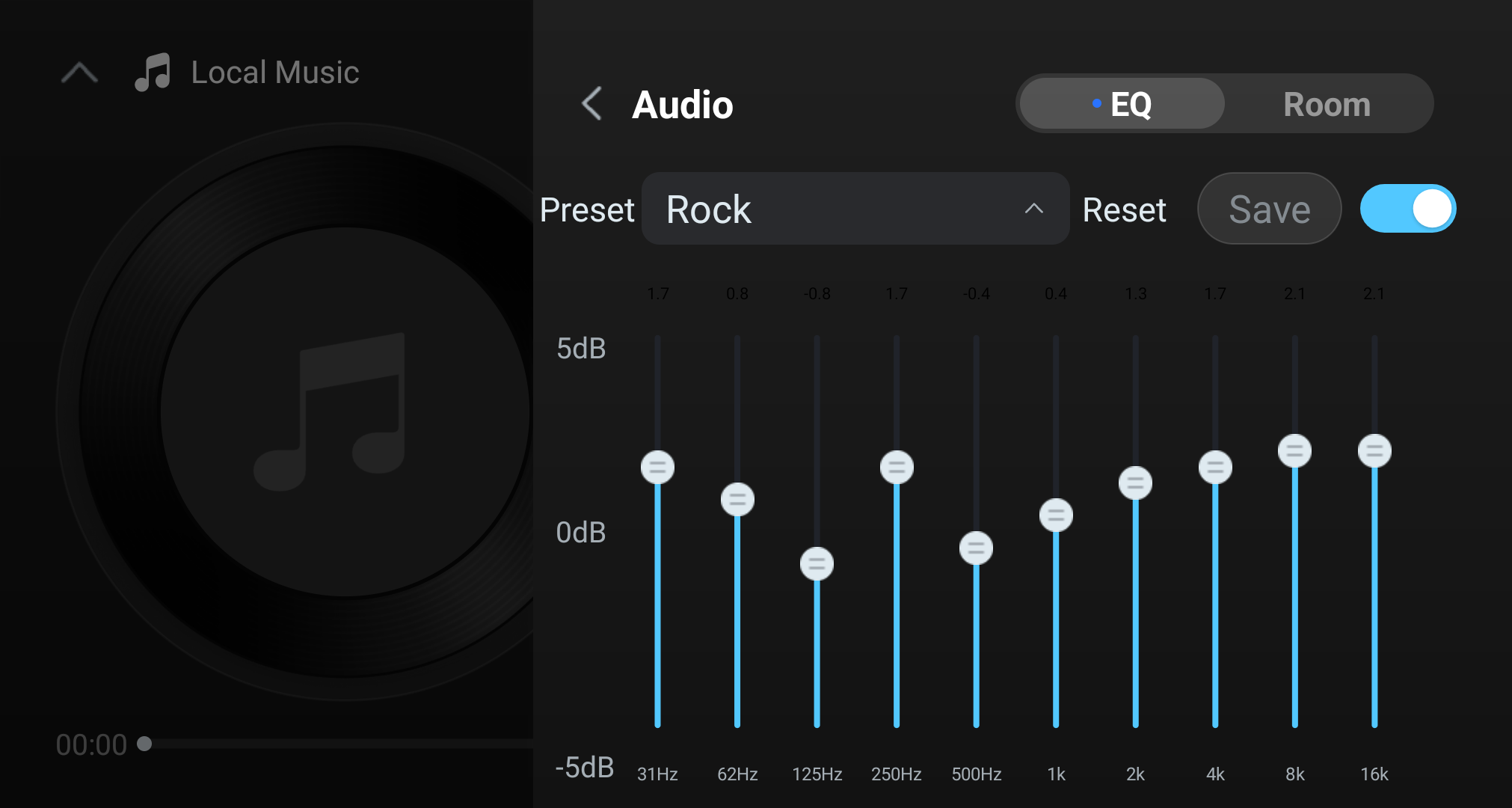 EQ editor with the Rock preset selected.