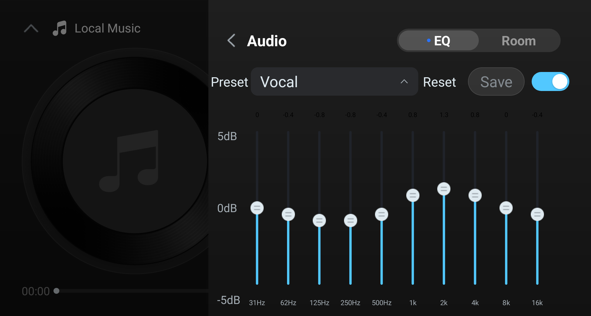 EQ editor with the Vocal preset selected.
