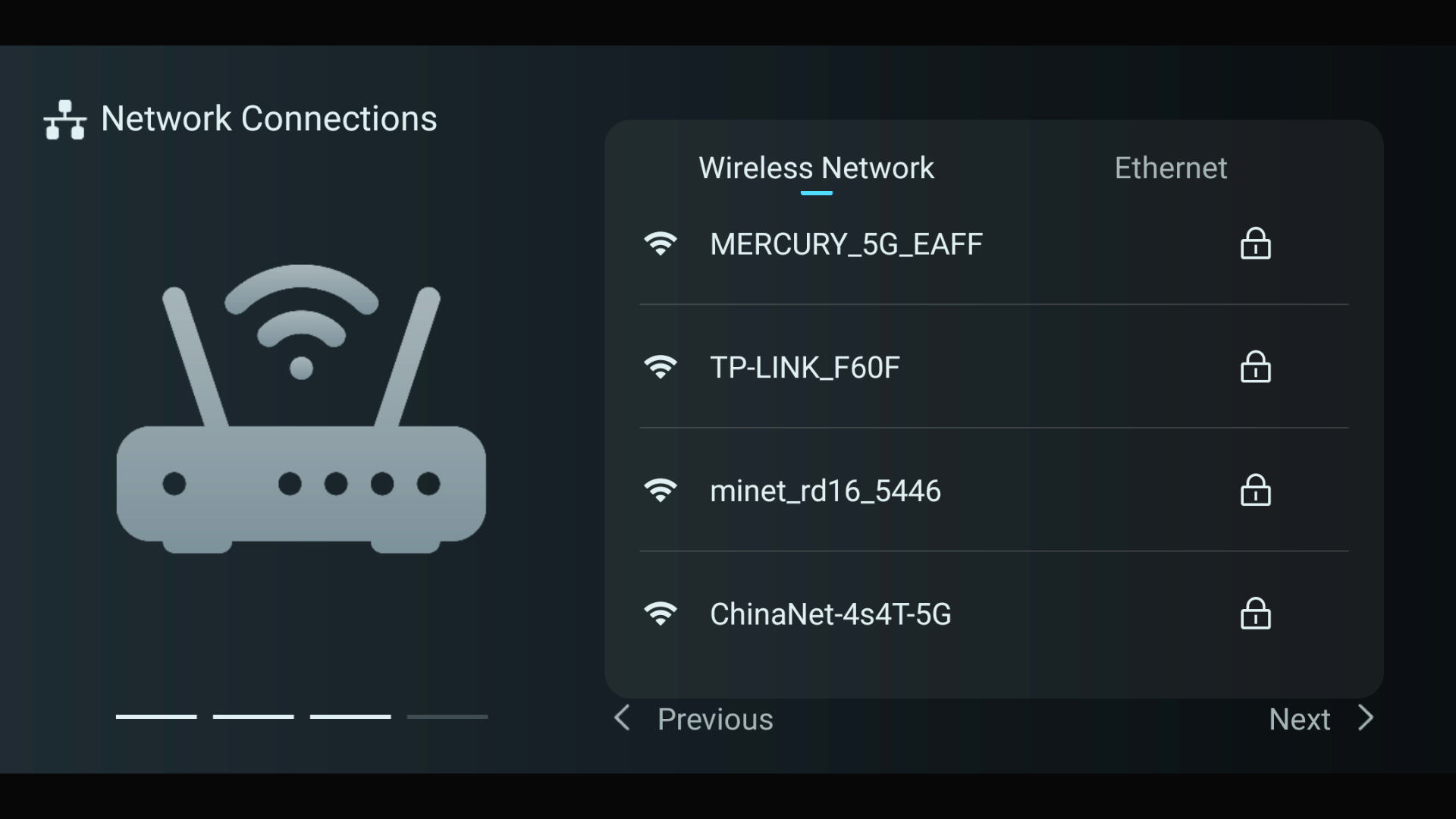 Initial setup wireless-network selection screen.