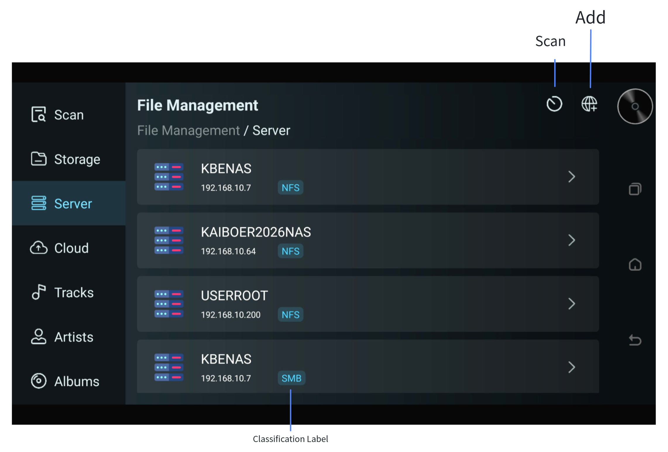 File Management Server view with available network servers.