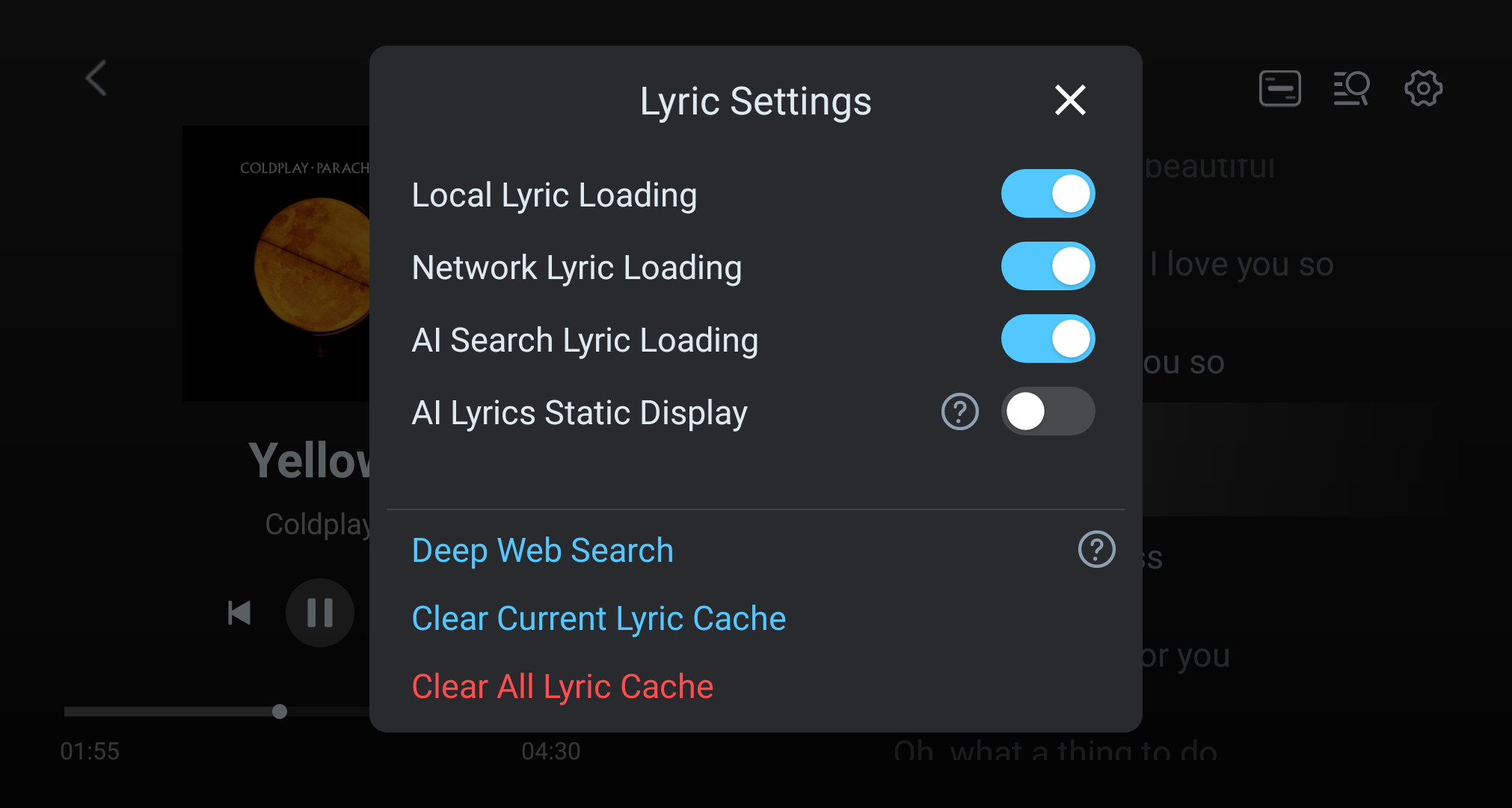 Lyrics Settings screen with lyric-source options.