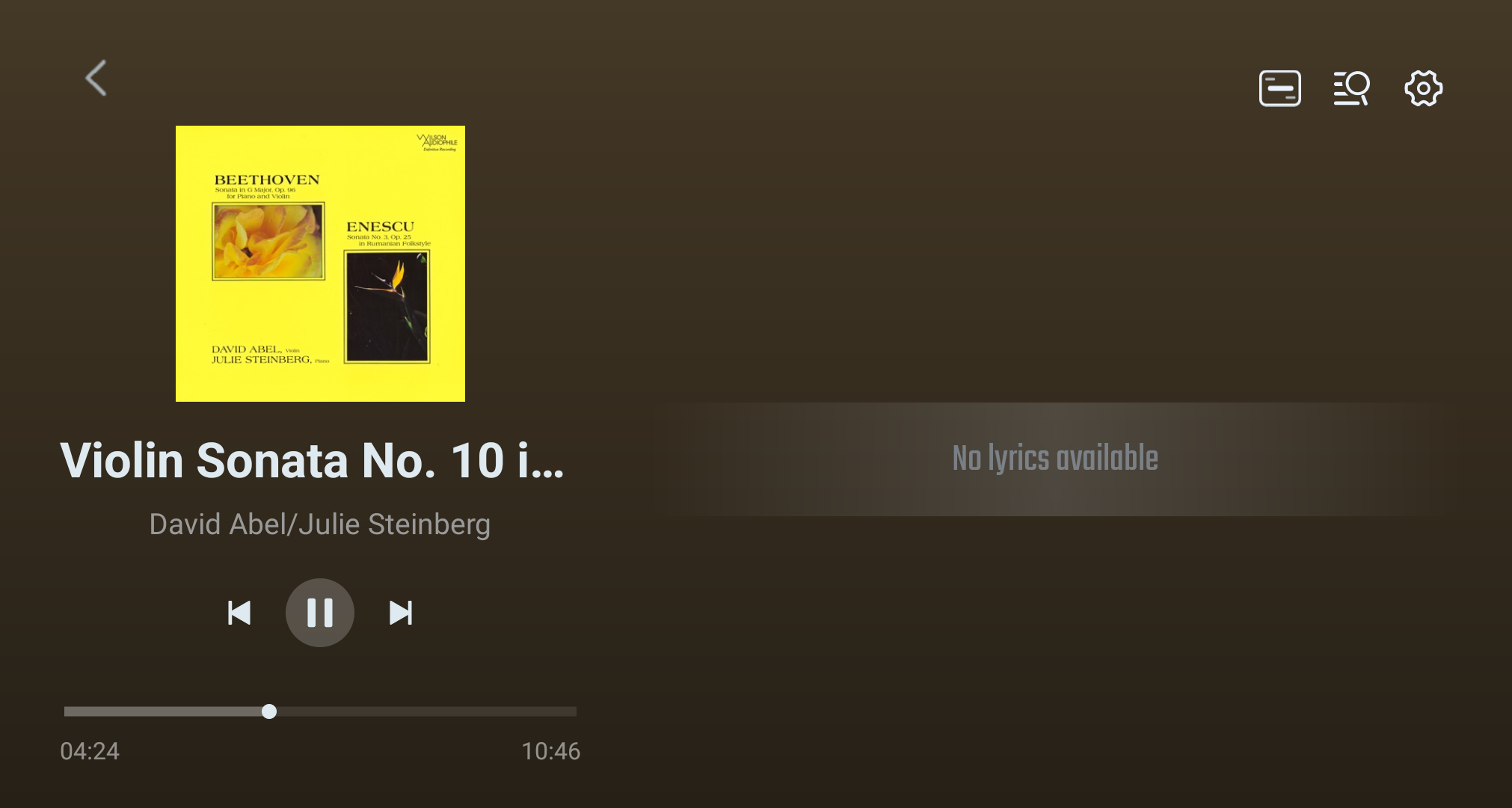 Playback screen showing the no-lyrics state for the current track.