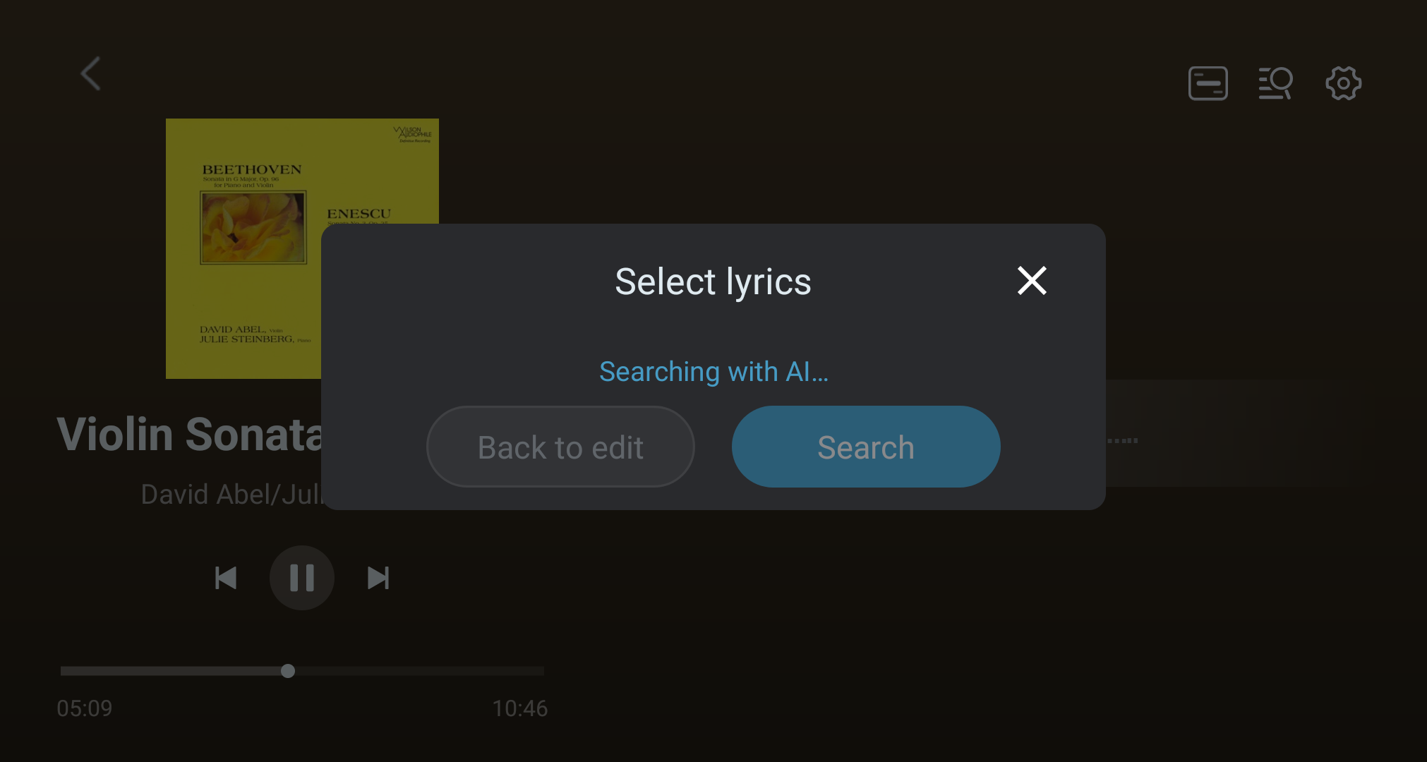 Lyrics selection screen while an AI search is in progress.