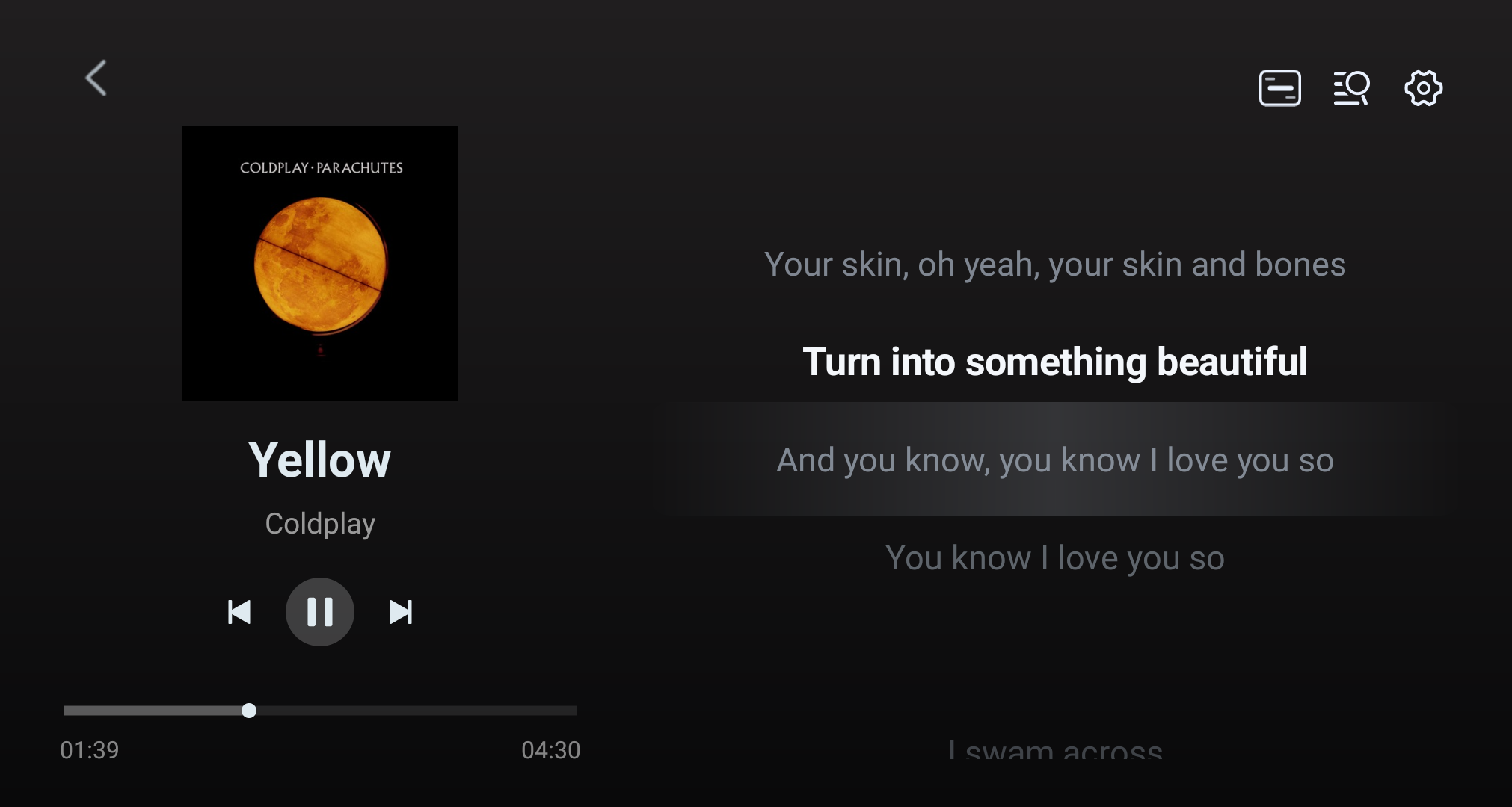 Playback screen with synchronized lyrics.