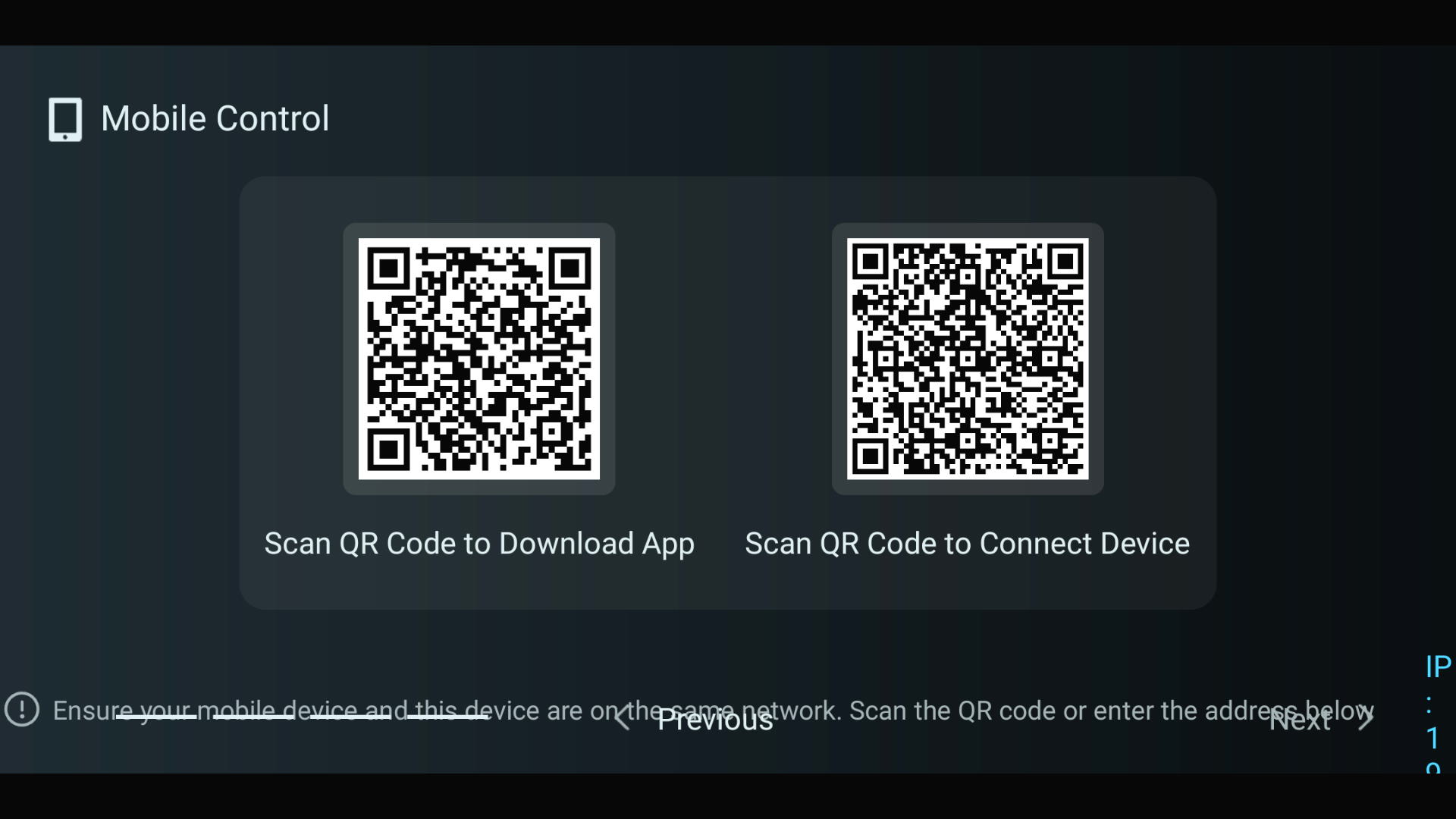 Initial setup Mobile Control screen with download and connection QR codes.