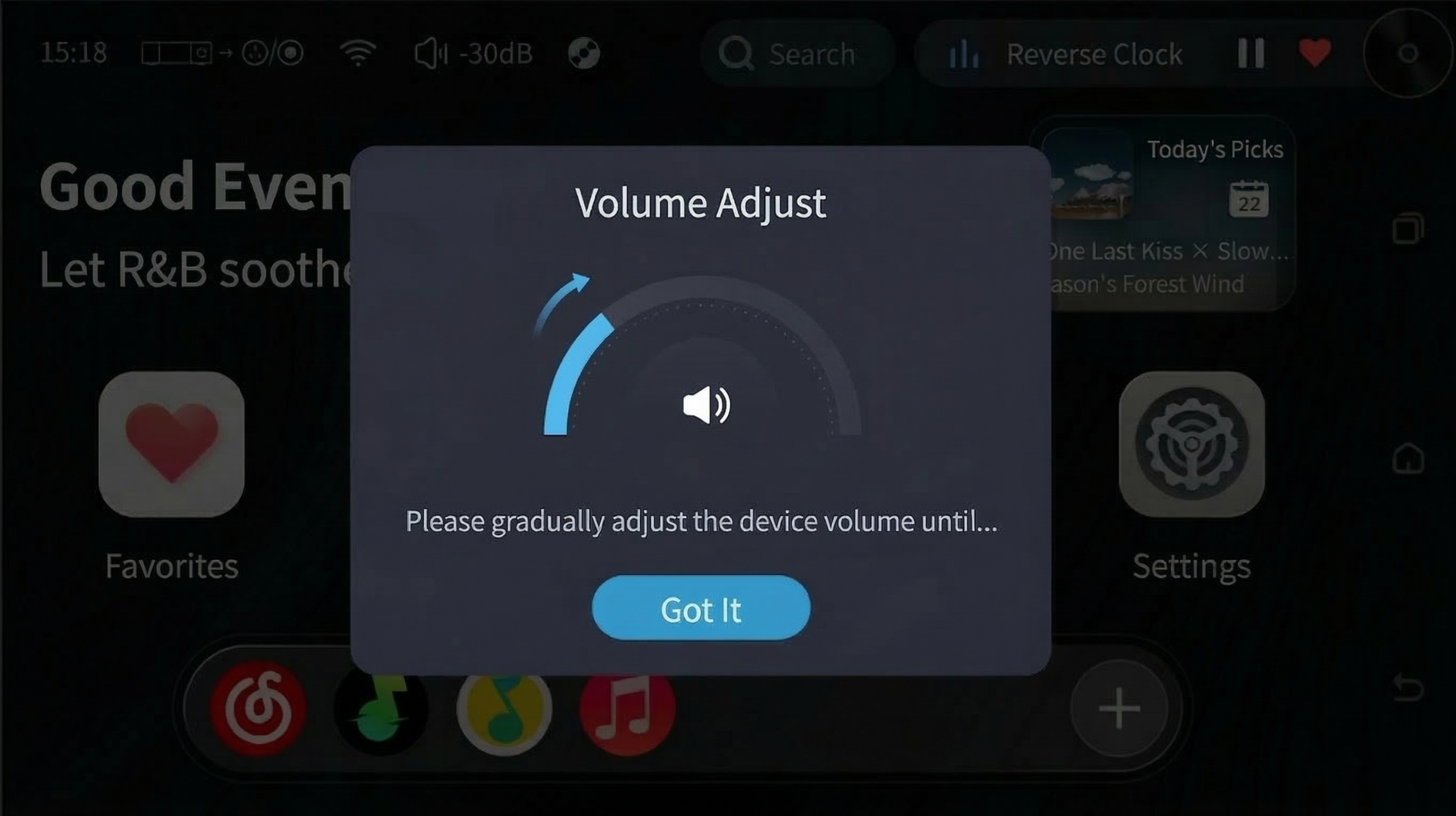 Initial setup volume-adjustment prompt.